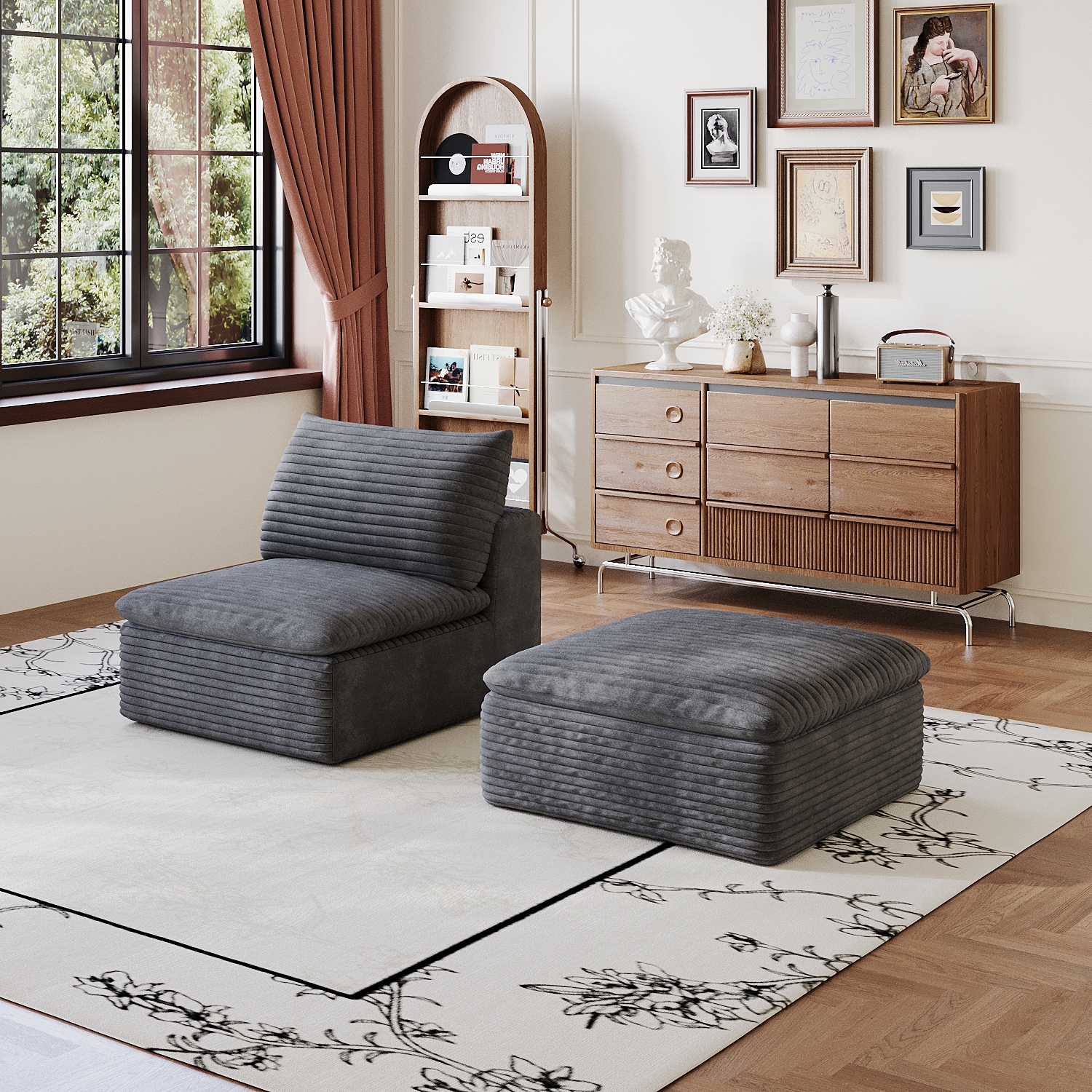 1 siège milieu 1 pouf gris foncé