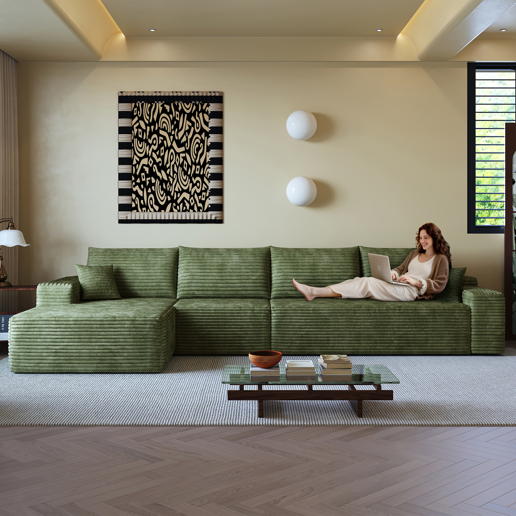 Sofa sectionnel nuage 135" forme L, corduroy vert, modulaire
