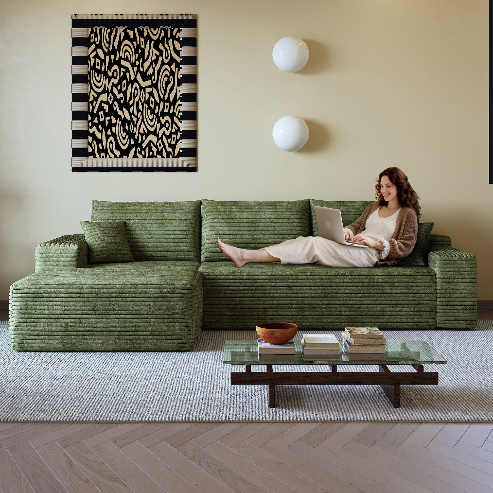 Sofa sectionnel 107", forme L, velours côtelé, vert