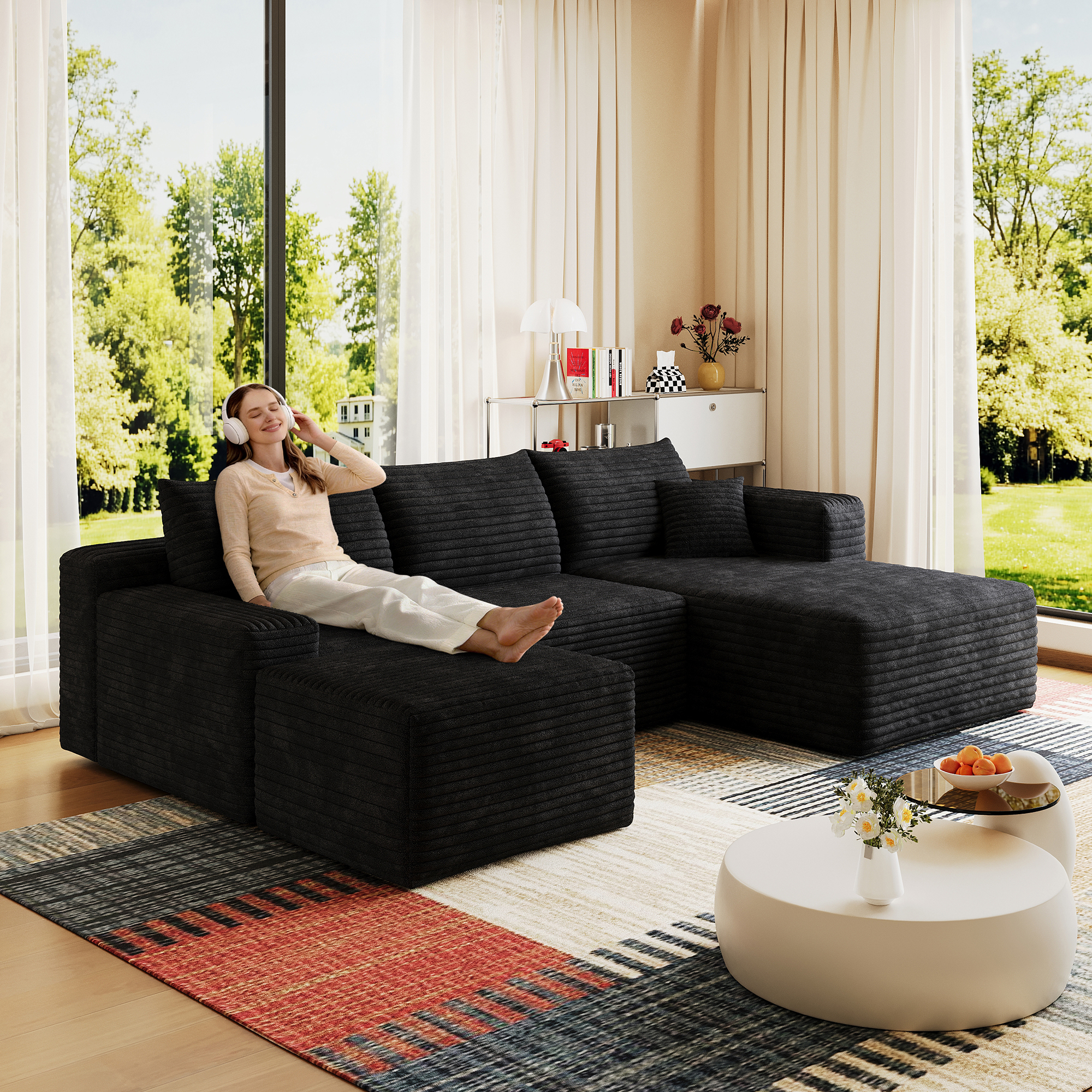Sectional nuage 95 po avec ottoman, corduroy, assise profonde, noir