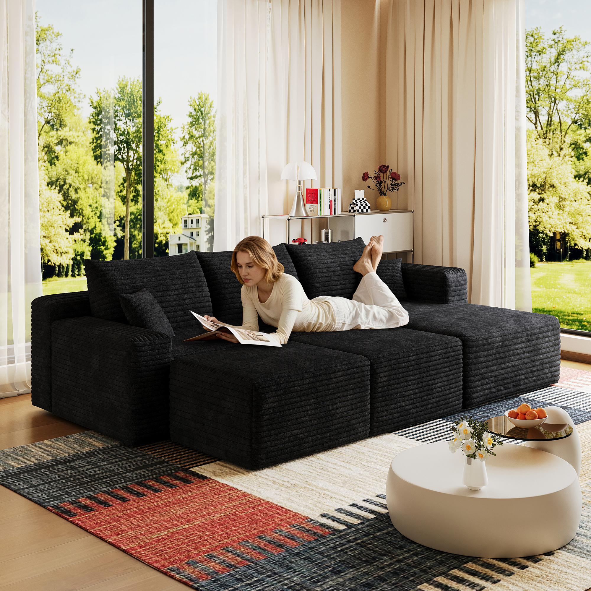 Divan sectionnel nuage 95po, ottoman, canapé U profond noir corduroy