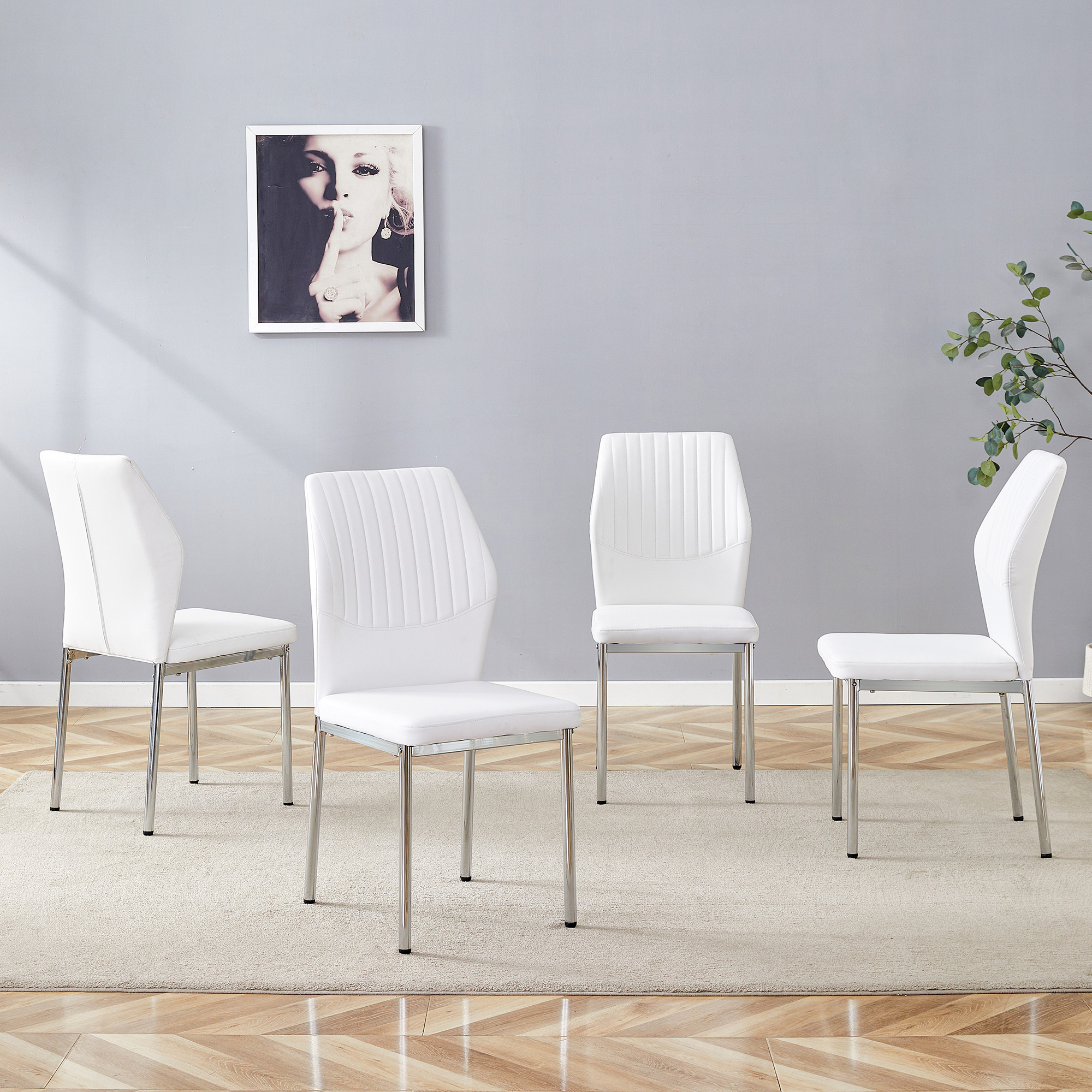 Ensemble 4 chaises salle manger PU blanc design rayures métal