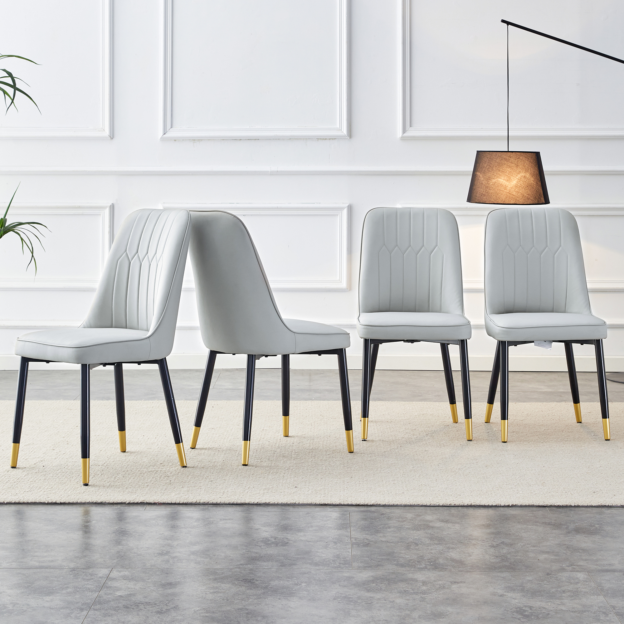Chaises salle à manger cuir PU gris, dos rembourré, pieds métal noir, 4 pièces