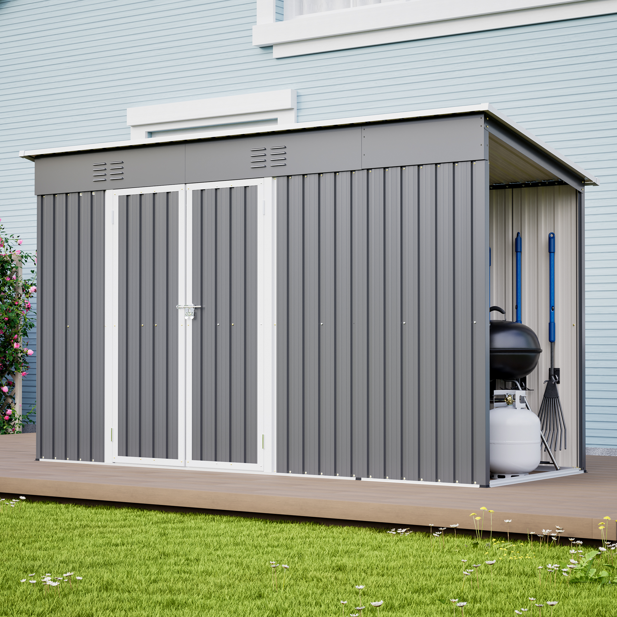 Remise métal 10x4pi porte verrouillable cadre plancher extérieur
