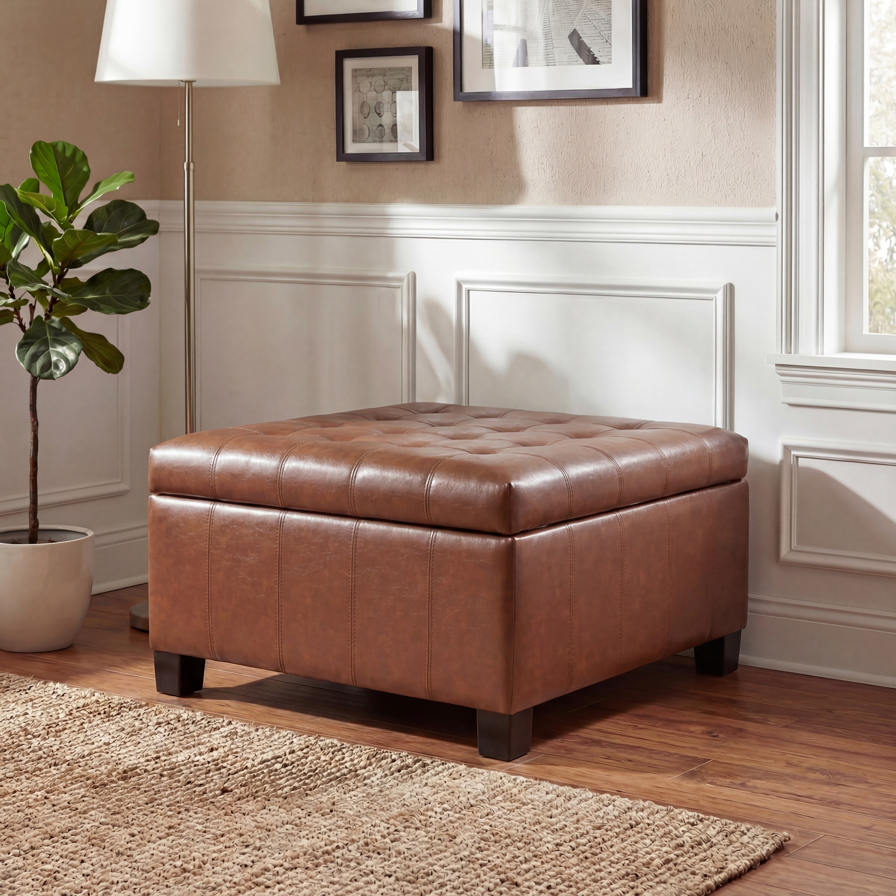 Ottoman rangement PU brun clair, pieds bois, 30,25", capacité 300lbs