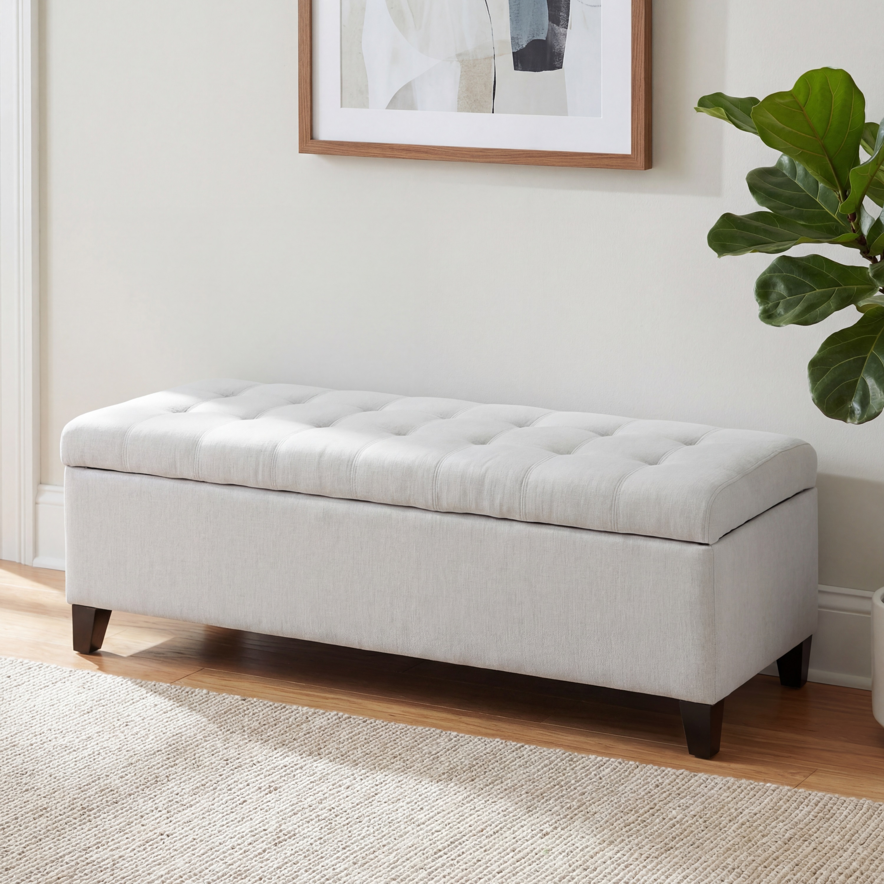 Banc ottoman rangement gris clair pieds lit entrée 300lbs