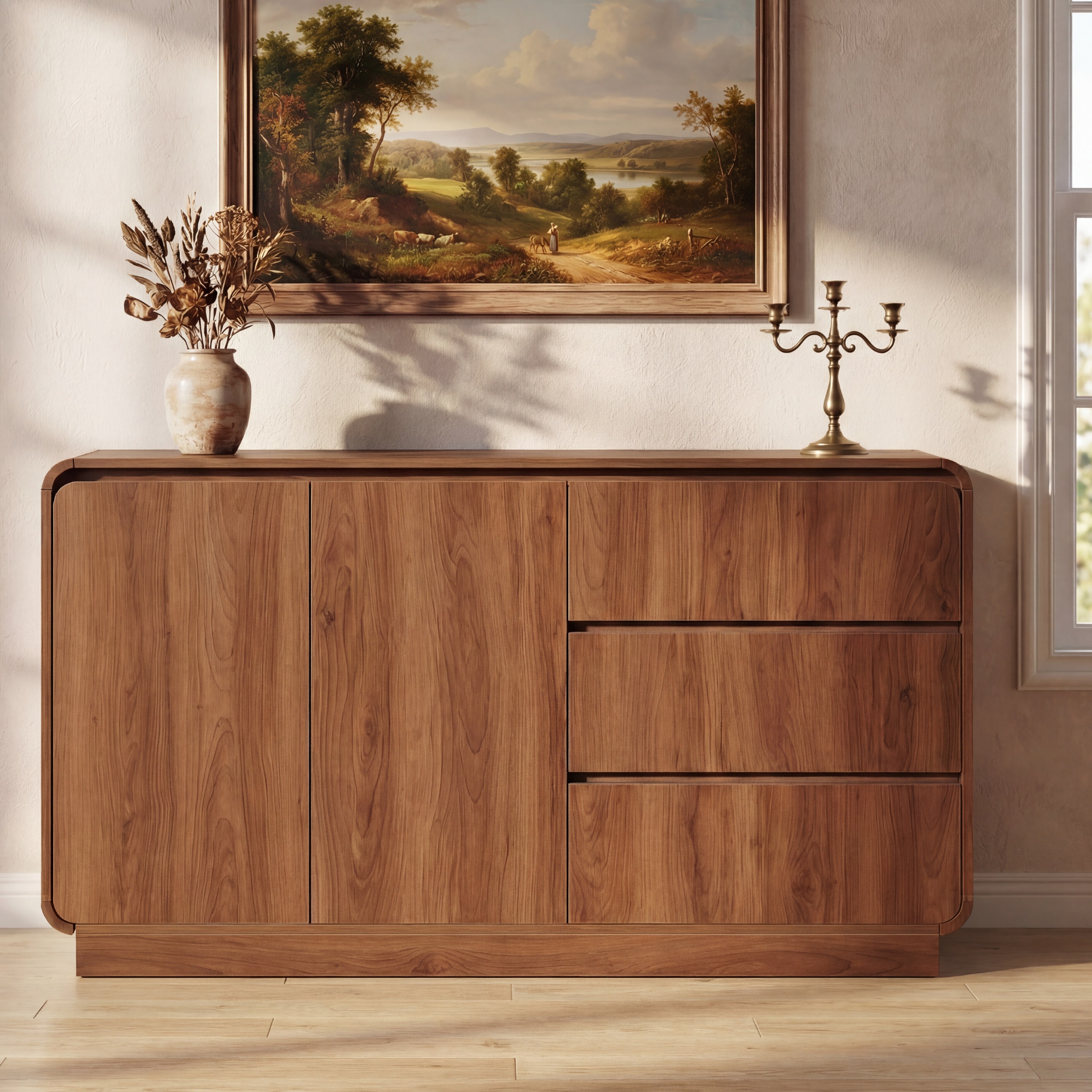 Buffet noyer clair moderne, 55,1'', 2 portes, 3 tiroirs
