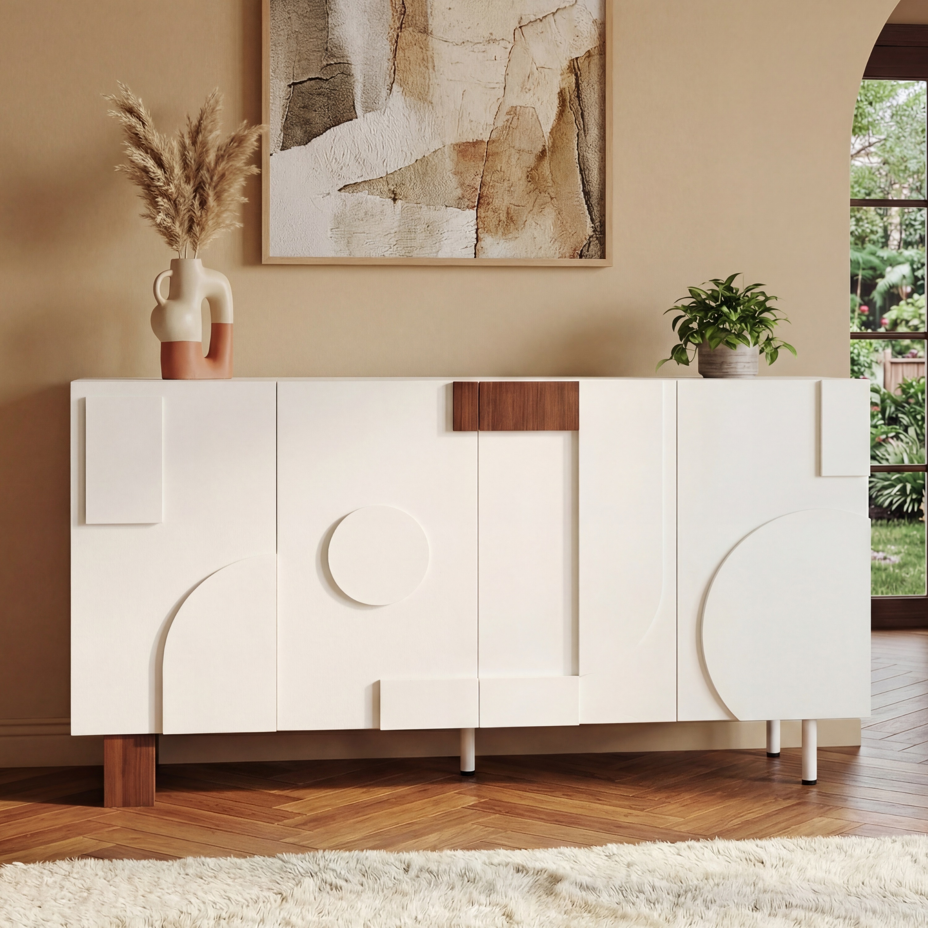 Buffet blanc moderne 62,9 po 4 portes tablettes ajustables