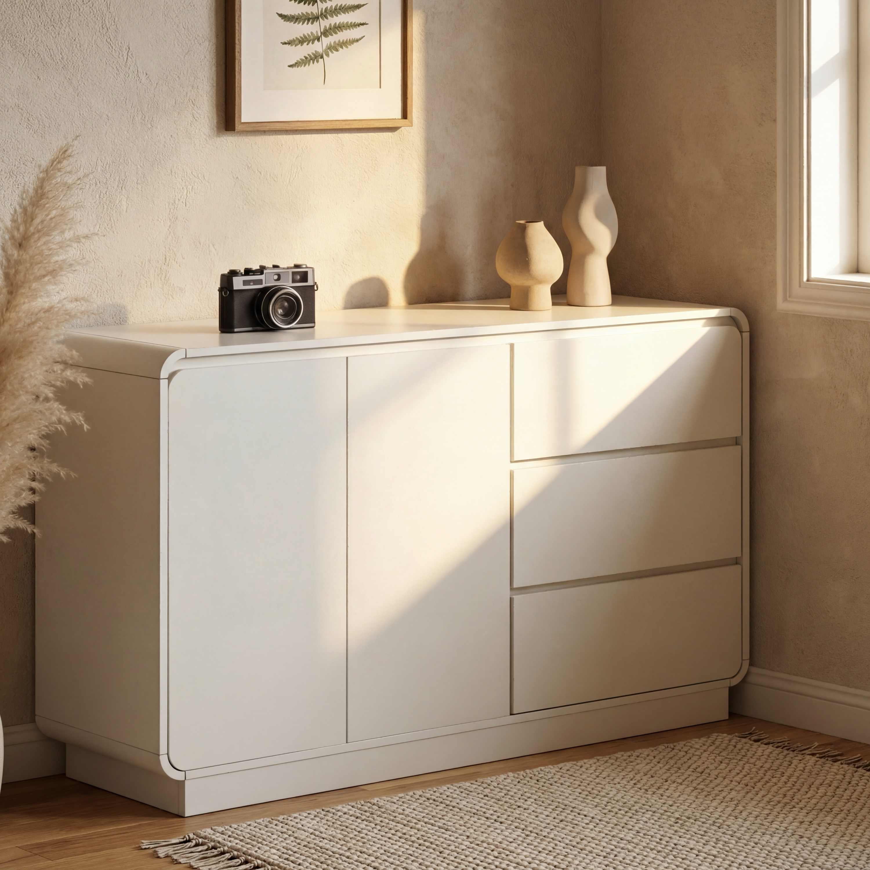 Buffet blanc moderne 55.1", 2 portes, 3 tiroirs