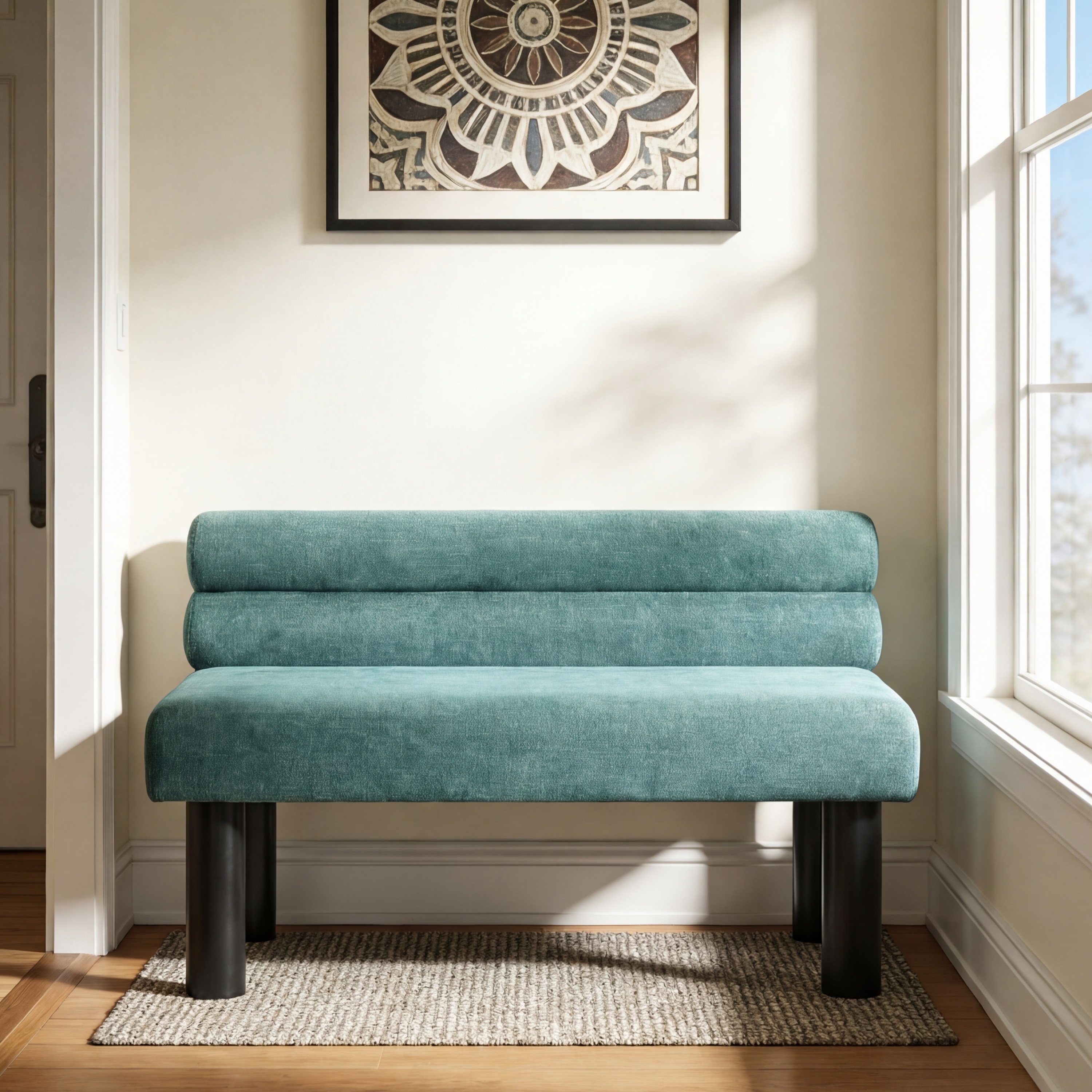 Banc rembourrée vert, bout de lit, 300 lb, pieds bois caoutchouc