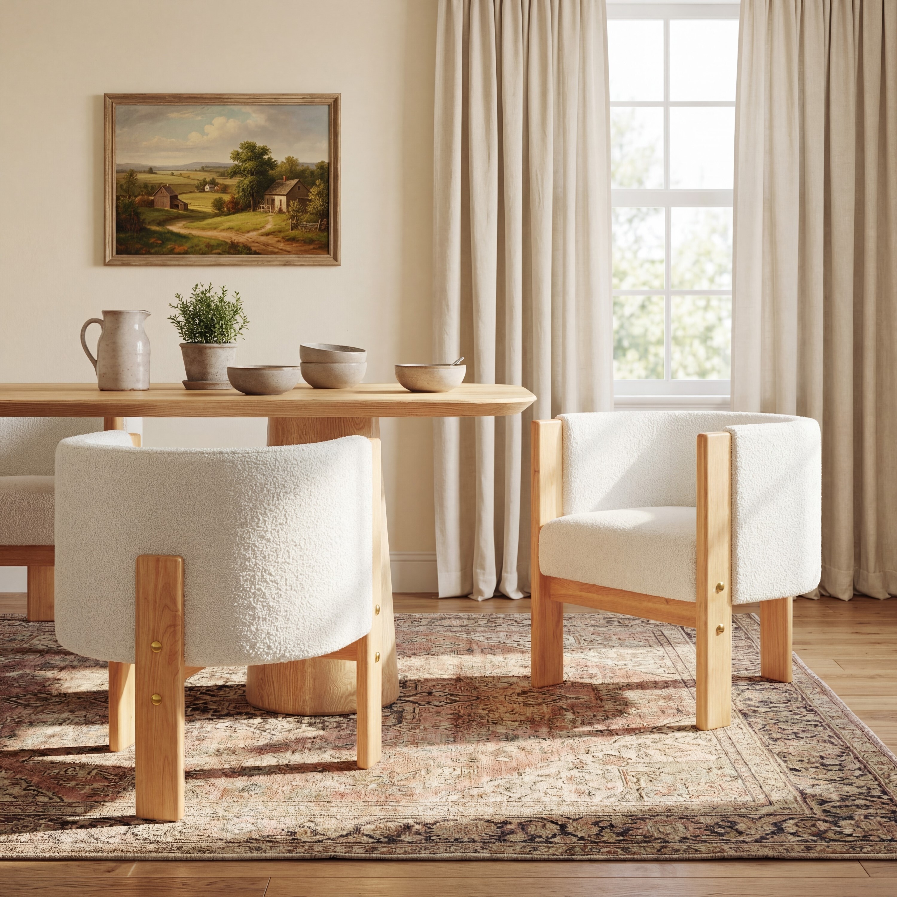Chaises salle à manger 2pc bois caoutchouc naturel tissu bouclé