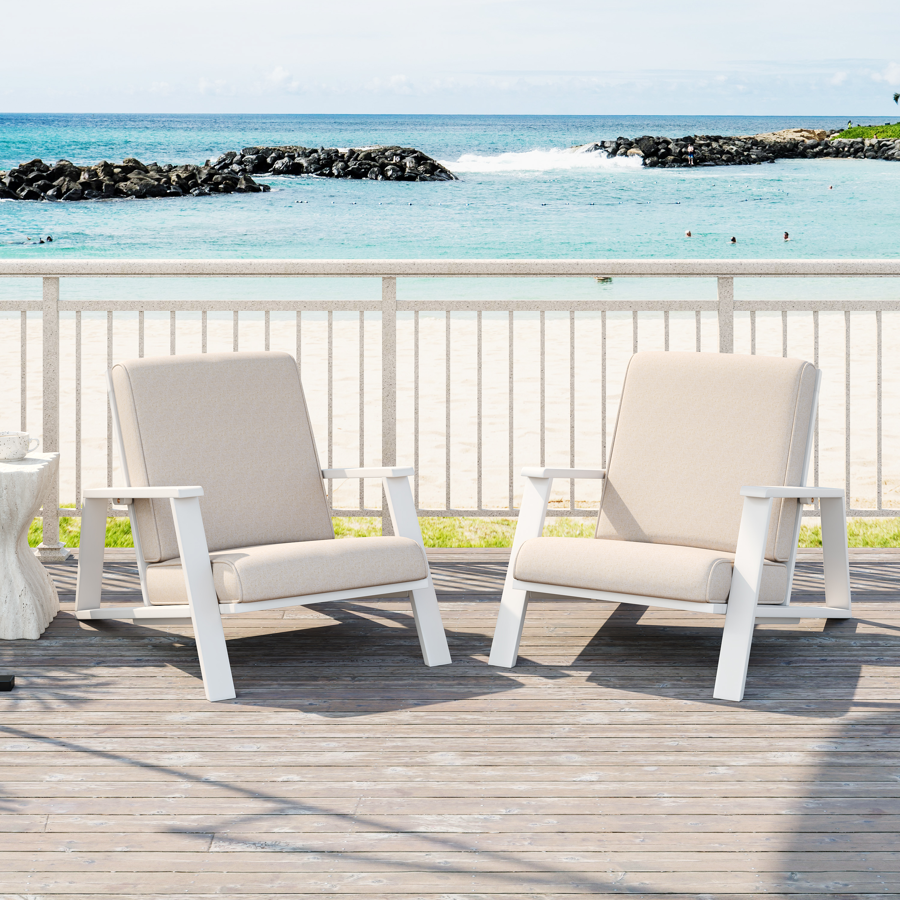 Chaises patio 2 pcs, club bois acacia blanc coussin beige