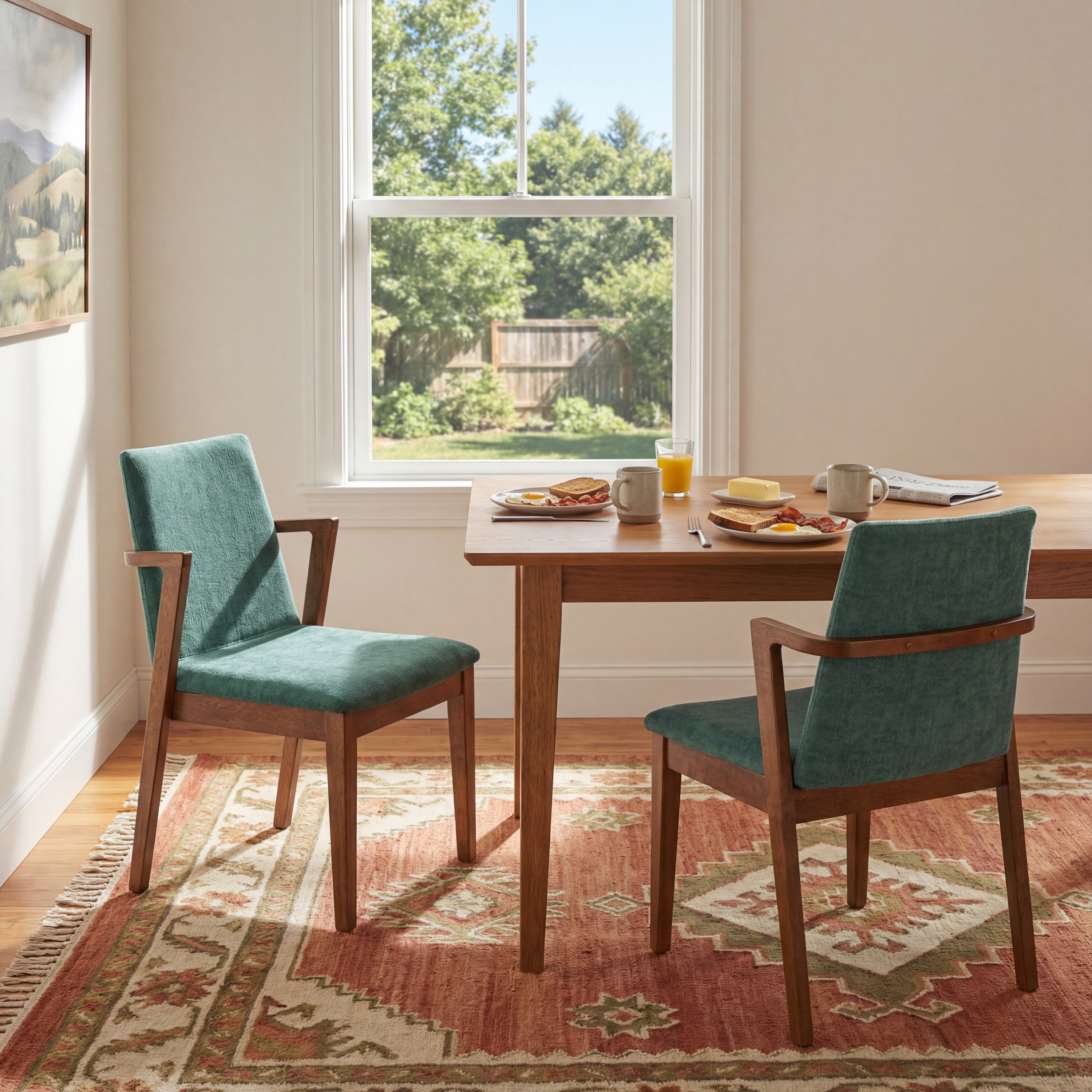 Ensemble 2 chaises salle à manger tissu vert bois noyer
