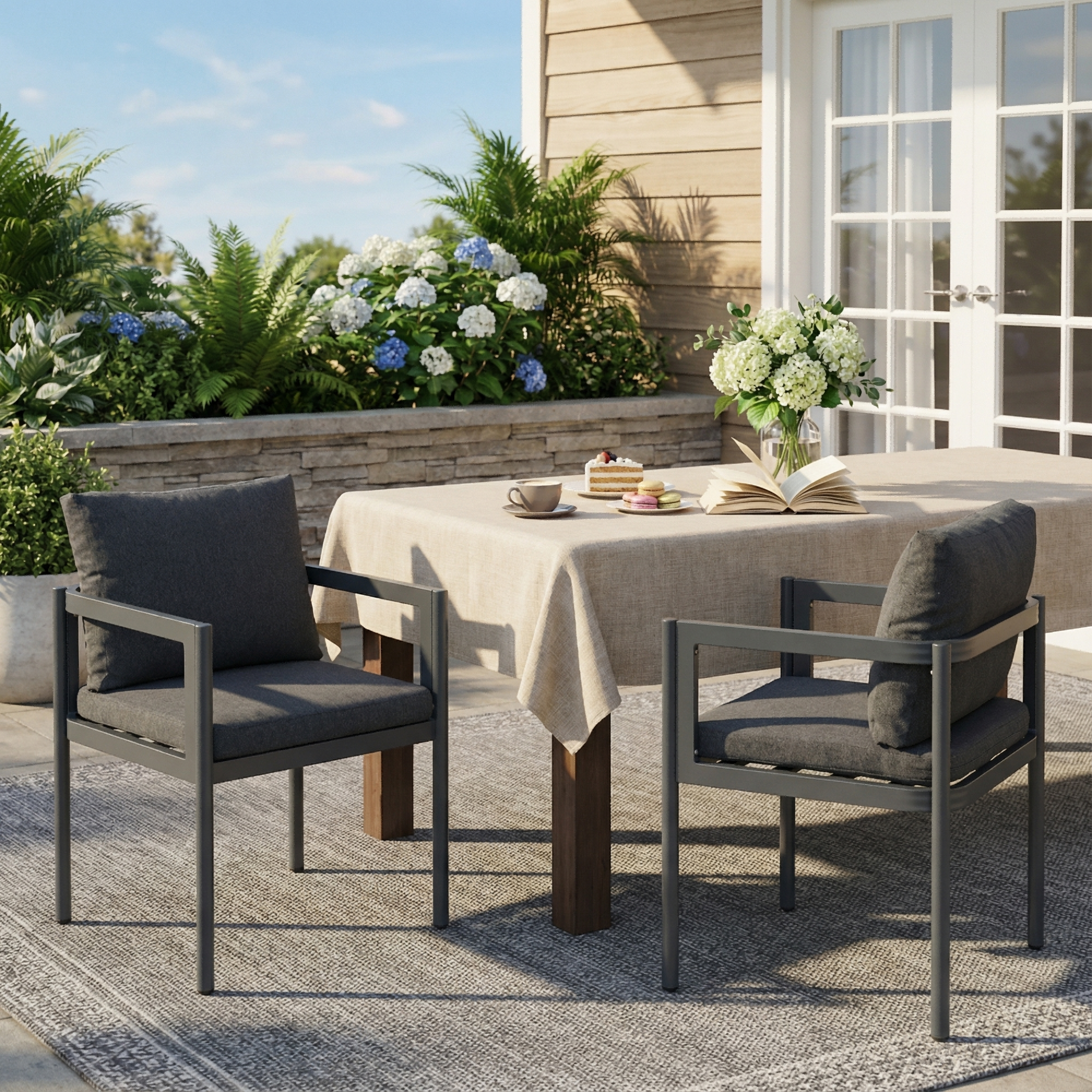 Ensemble 2 chaises patio, aluminium gris, coussin tissu gris, 300 lb
