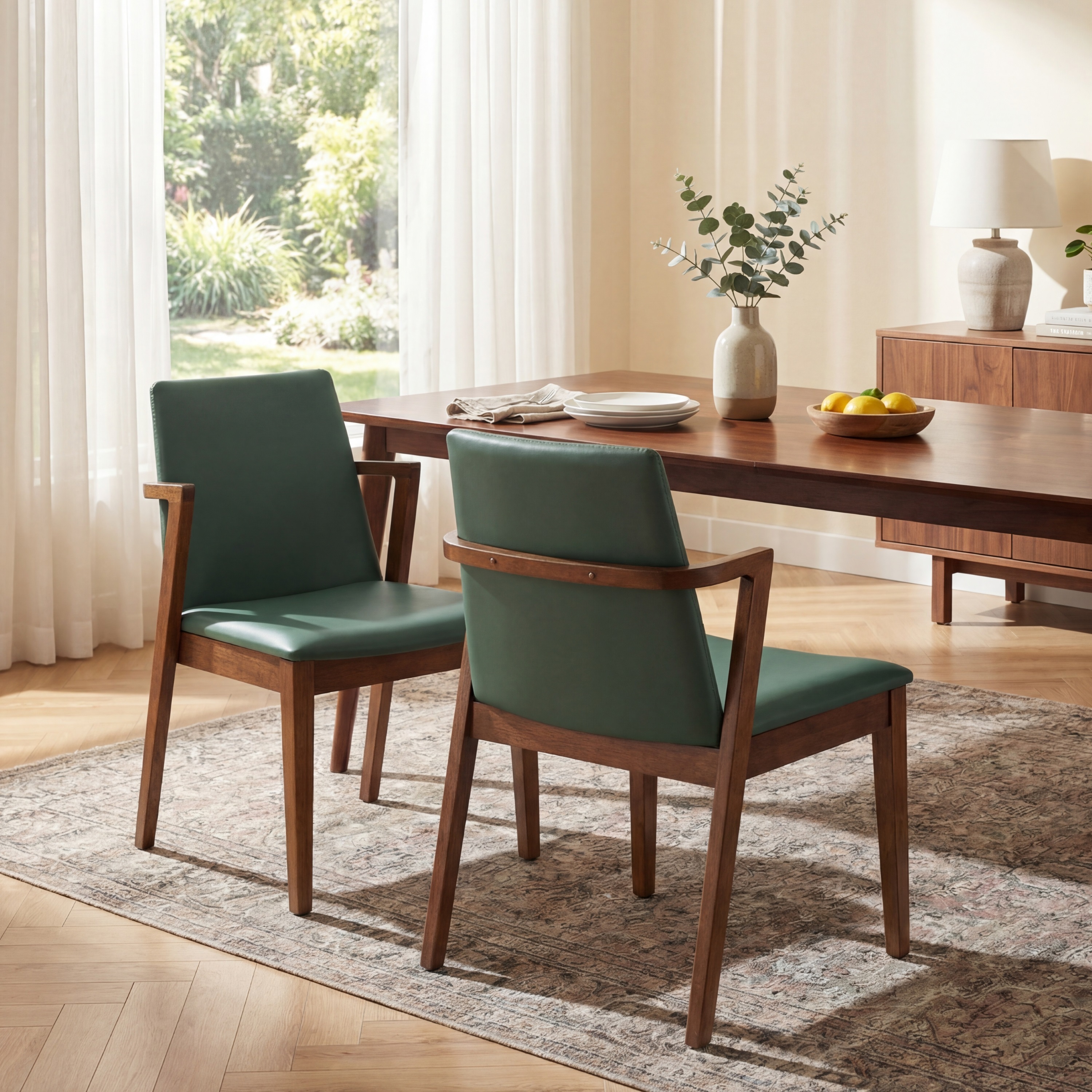 2 chaises salle à manger vert mid-century moderne