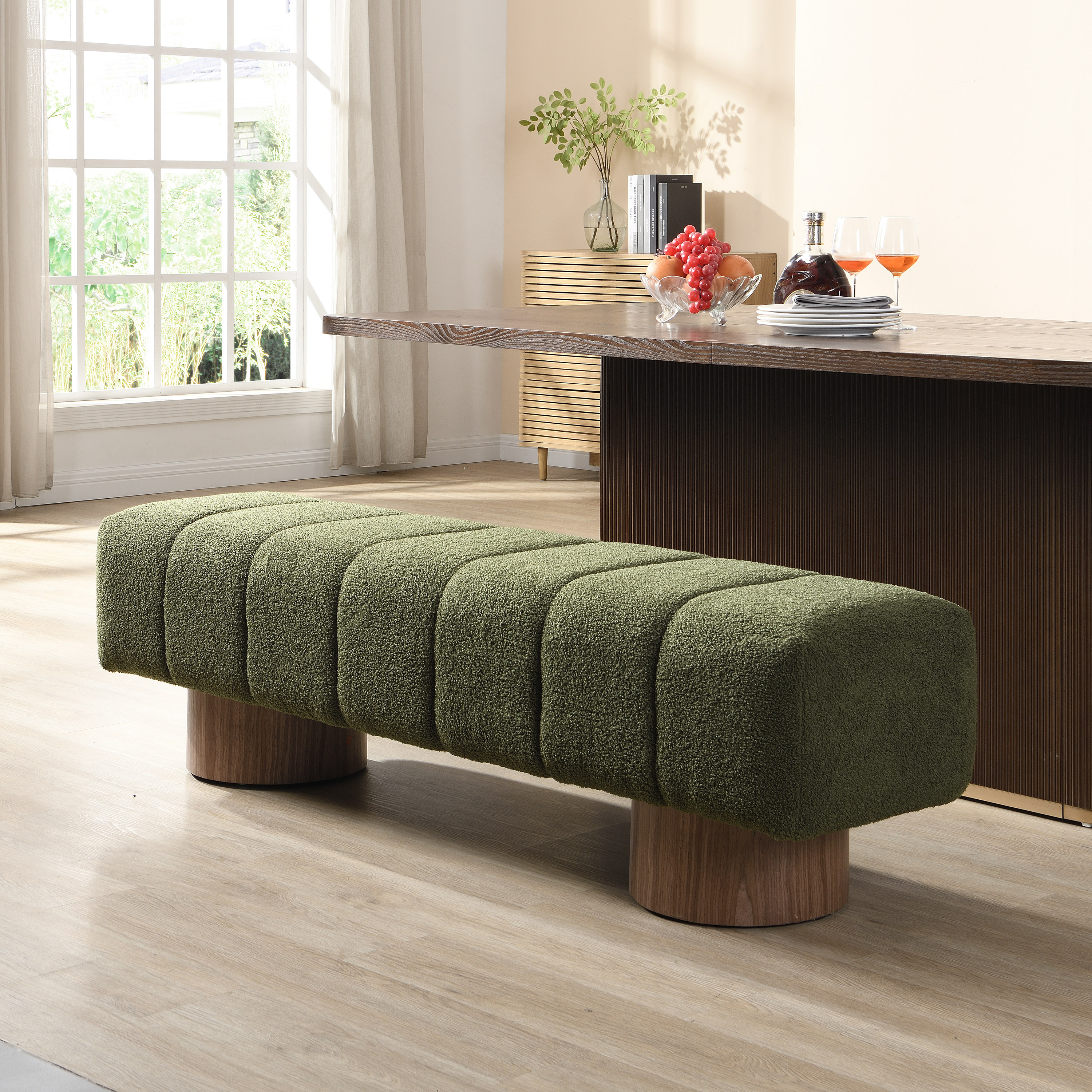Banc salle manger, tissu bouclé vert, 300lbs