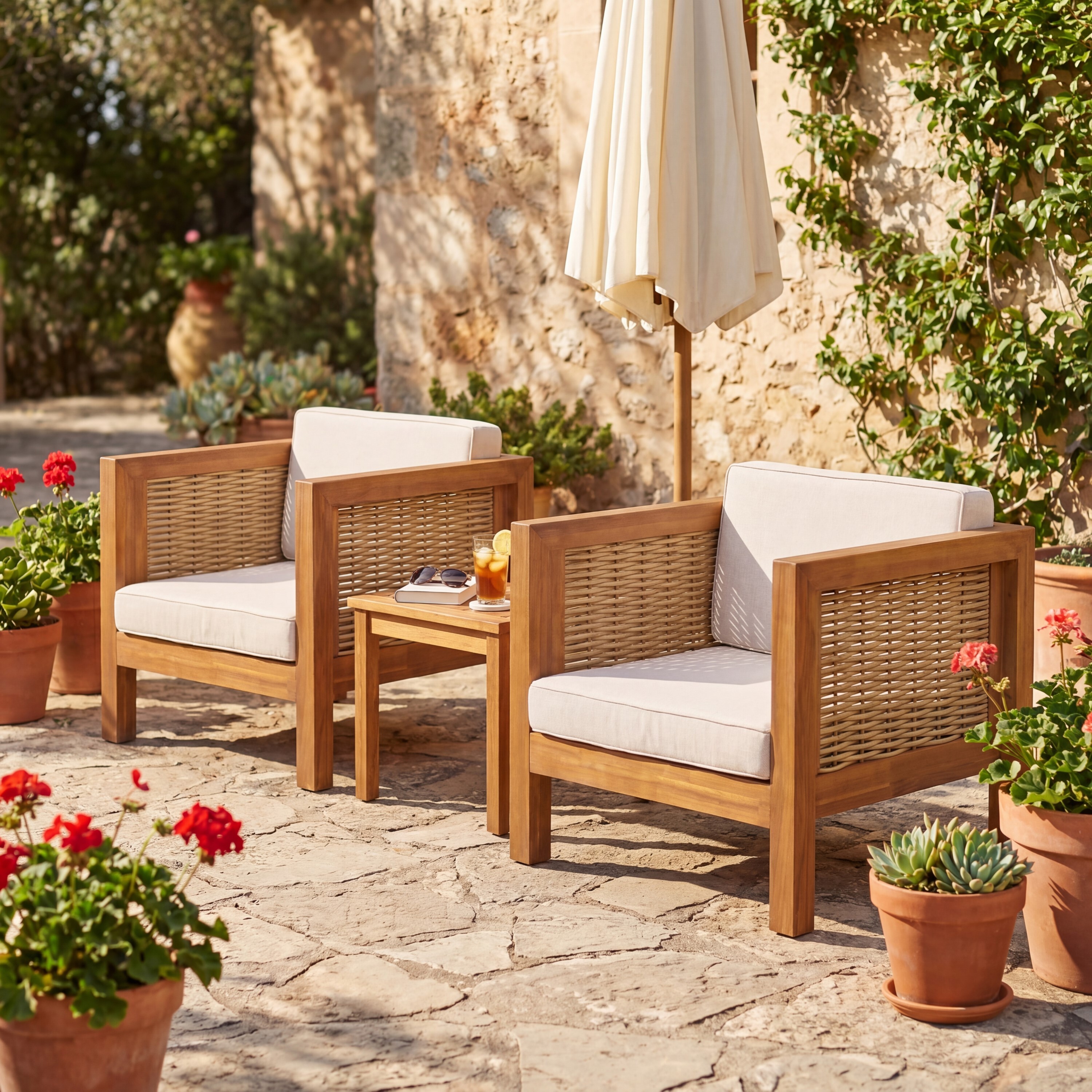 Ensemble 2 chaises club extérieur, acacia/rotin, coussin beige, 400 lb