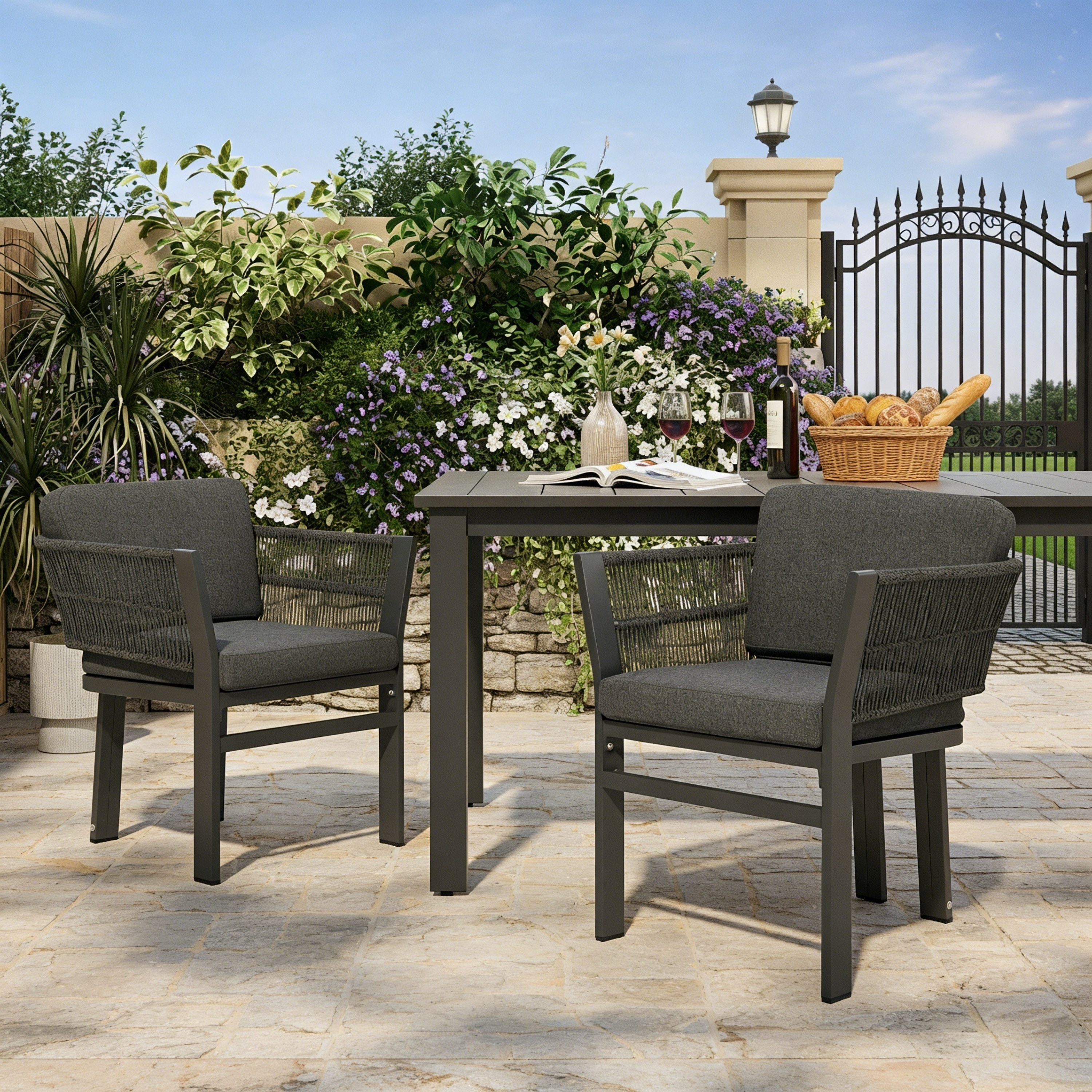 Ensemble 2 chaises patio alu gris coussins 300lbs