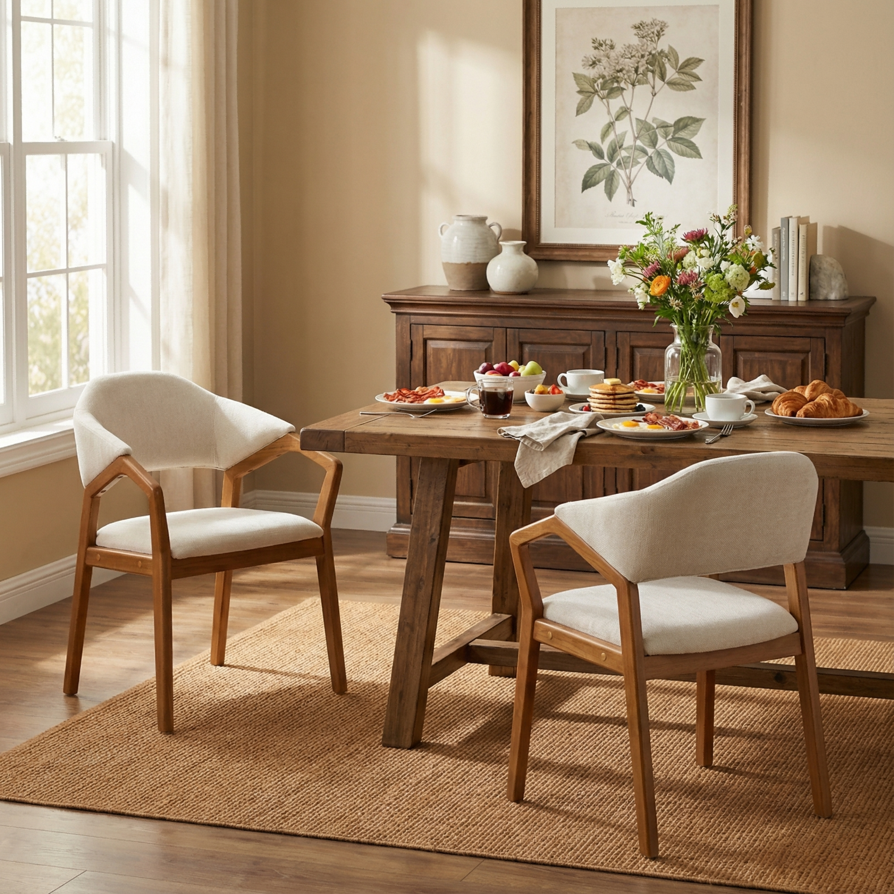 2 chaises salle à manger chenille beige, dossier ergonomique courbé
