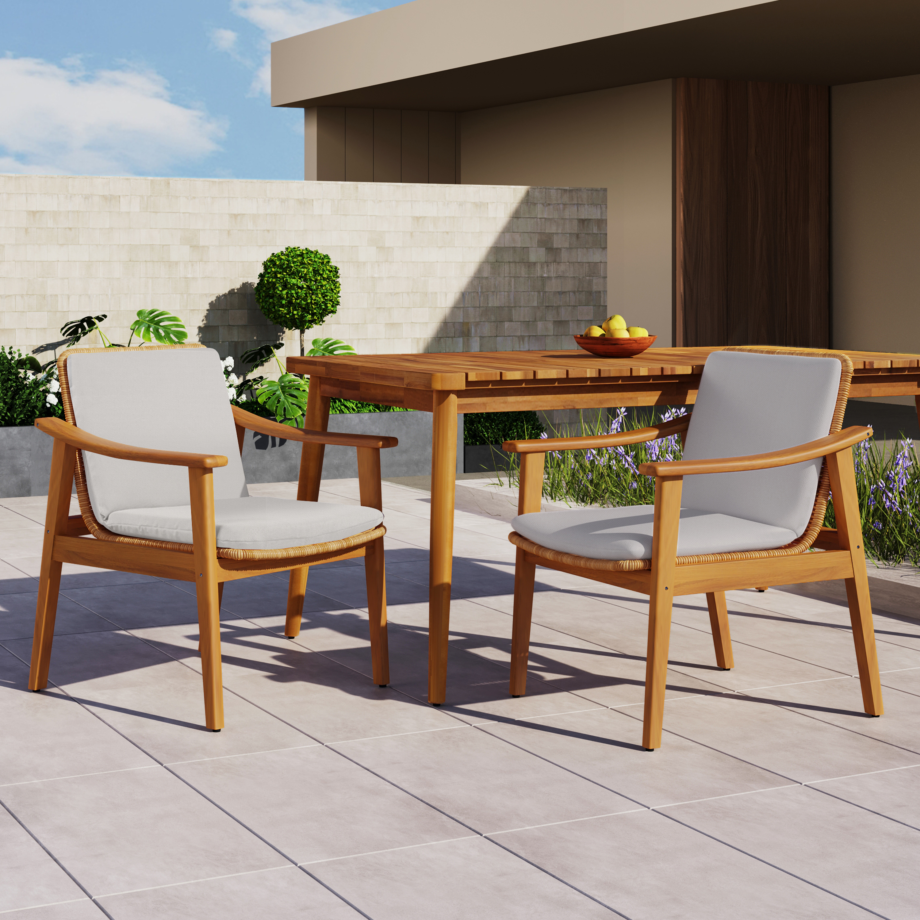 Ensemble 2 chaises patio bois Acacia rotin gris