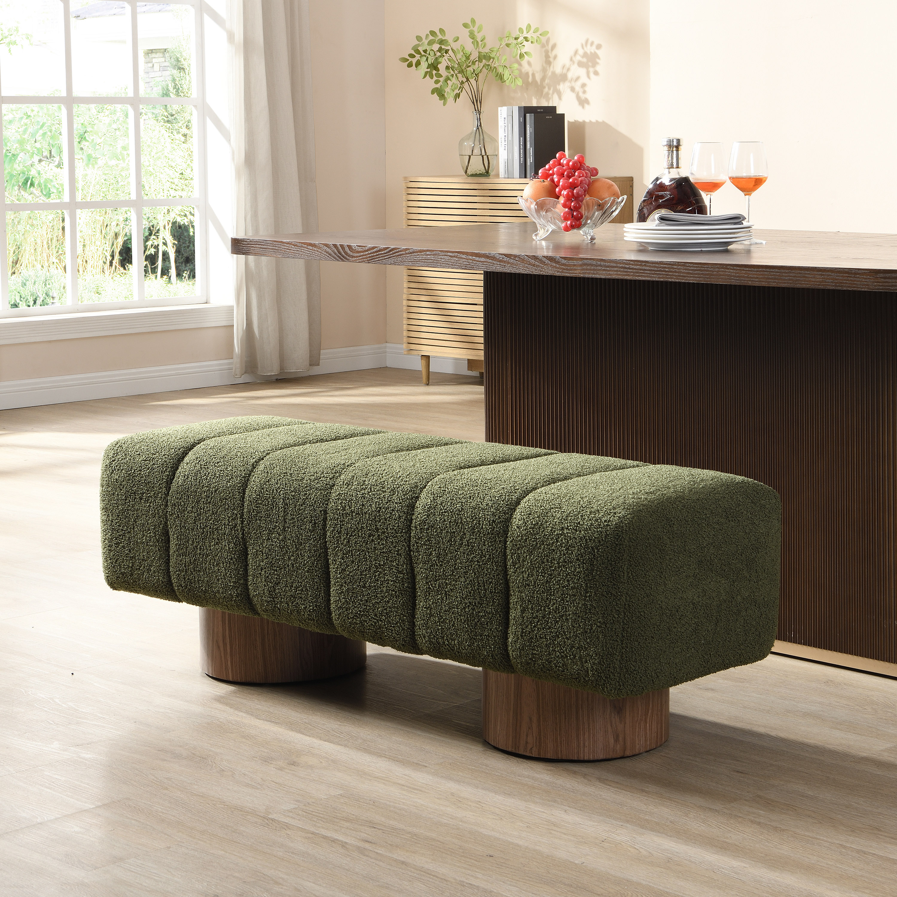 Banc salle à manger, tissu bouclé vert, 300lbs
