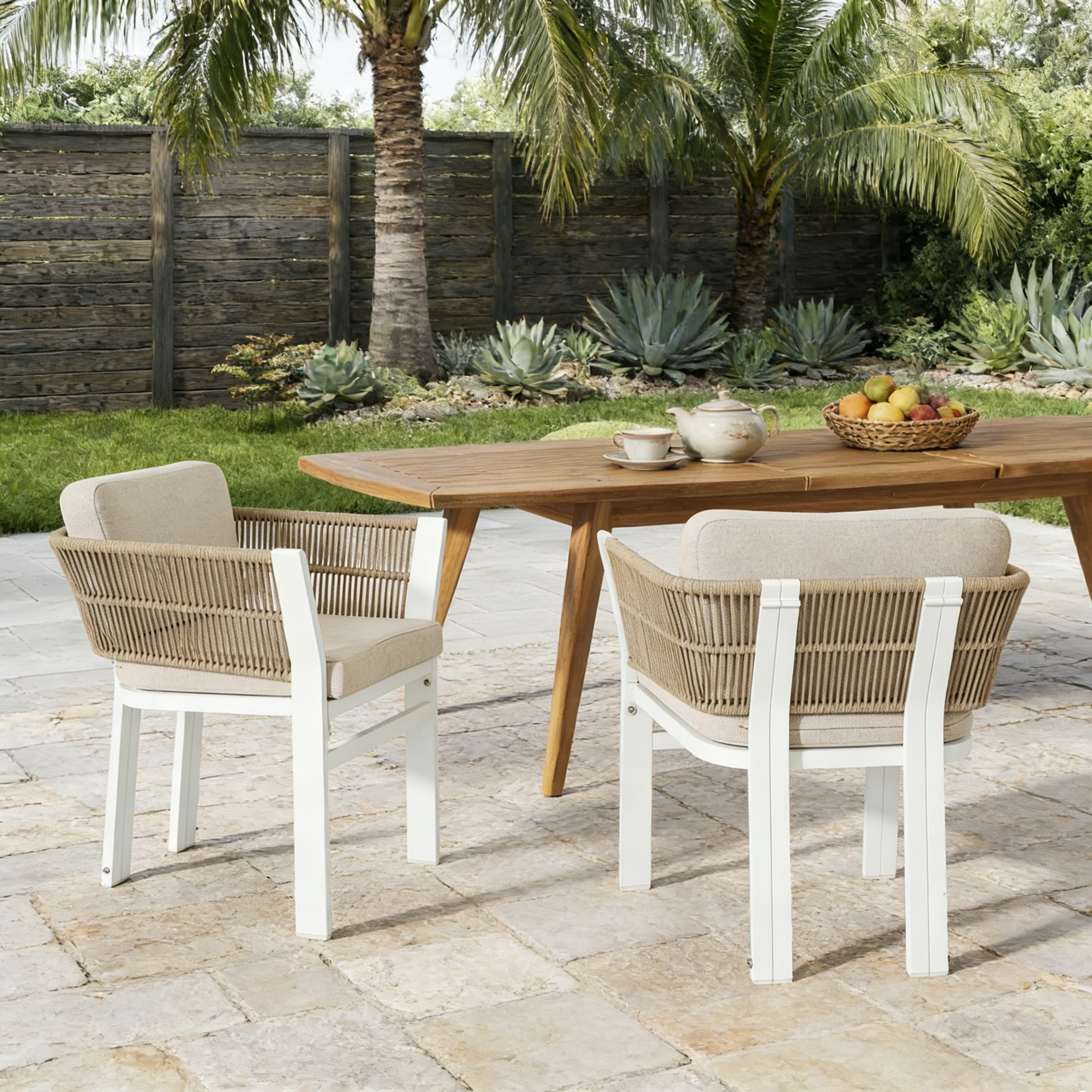 Ensemble 2 chaises patio aluminium blanc, coussin beige, 300 lb