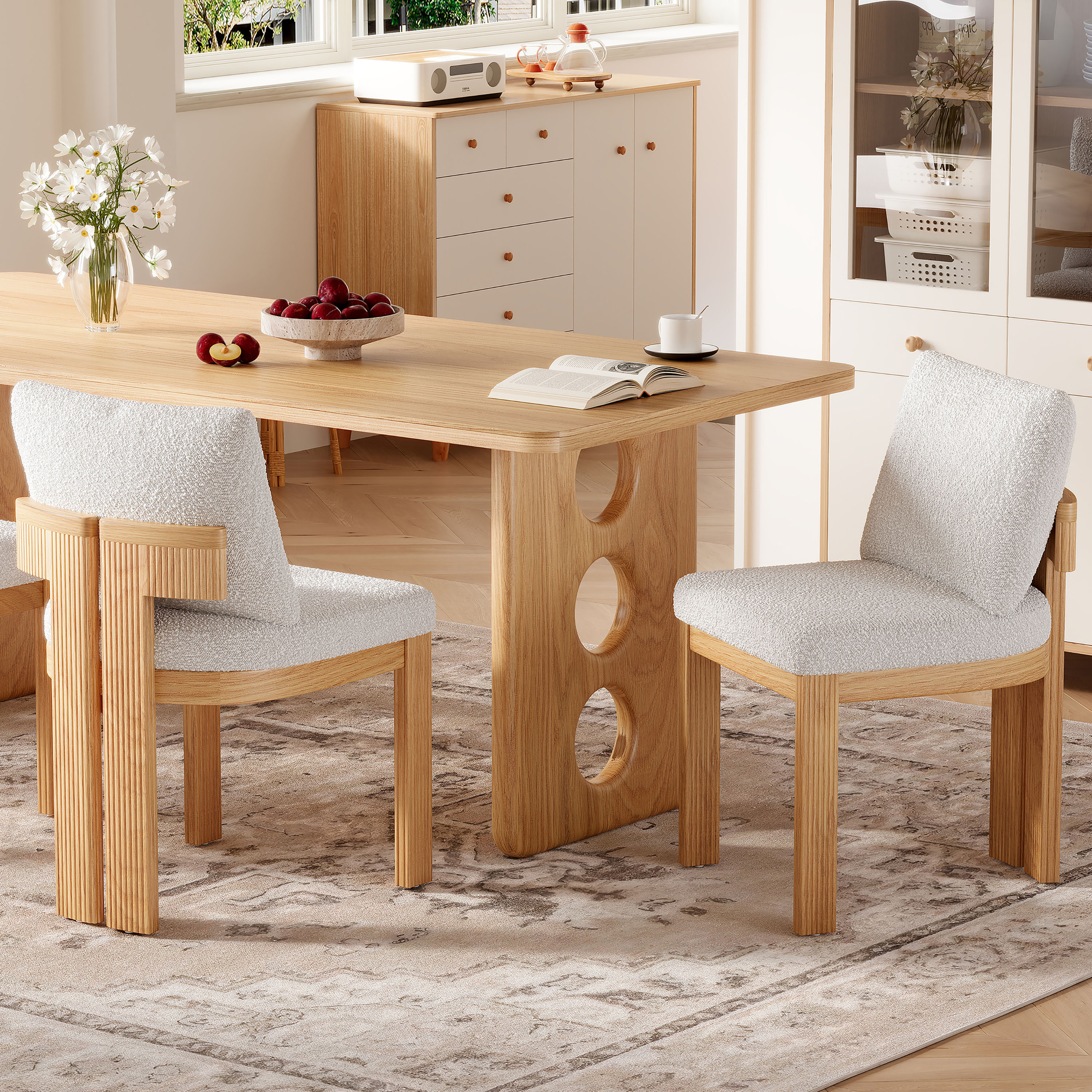 Ensemble 2 chaises salle à manger bouclé beige, cadre bois, 250lbs