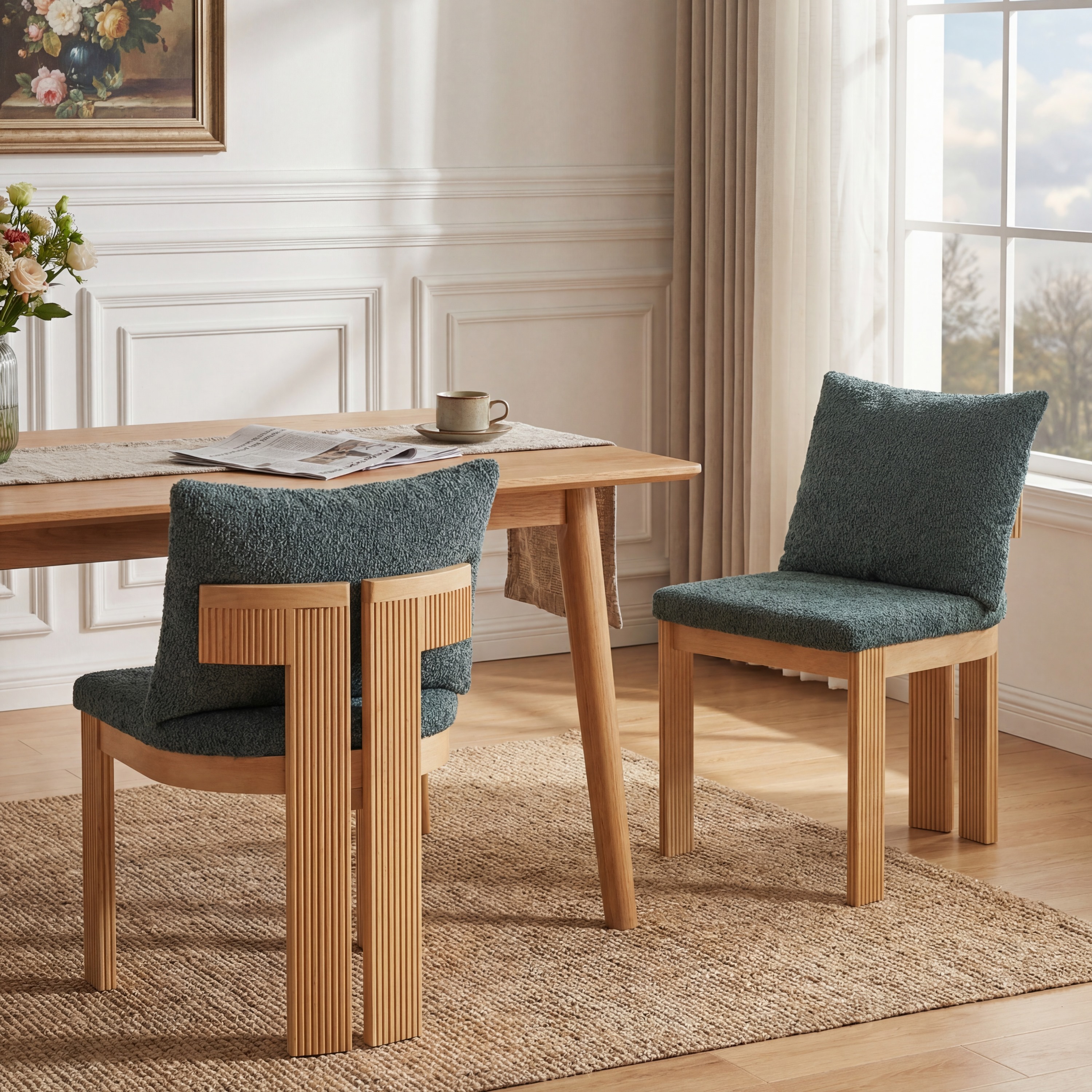 Ensemble 2 chaises salle à manger bouclé, cadre bois, vert, 250lbs