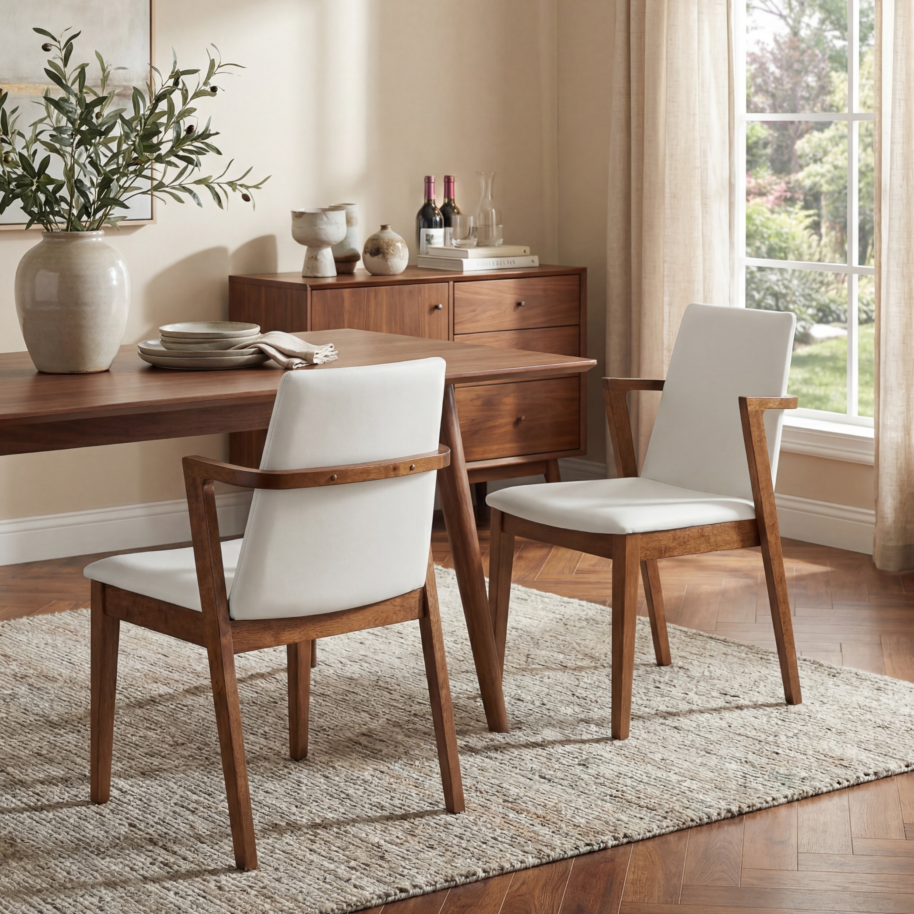Ensemble 2 chaises salle à manger mi-siècle, beige, bois noyer, 250 lbs