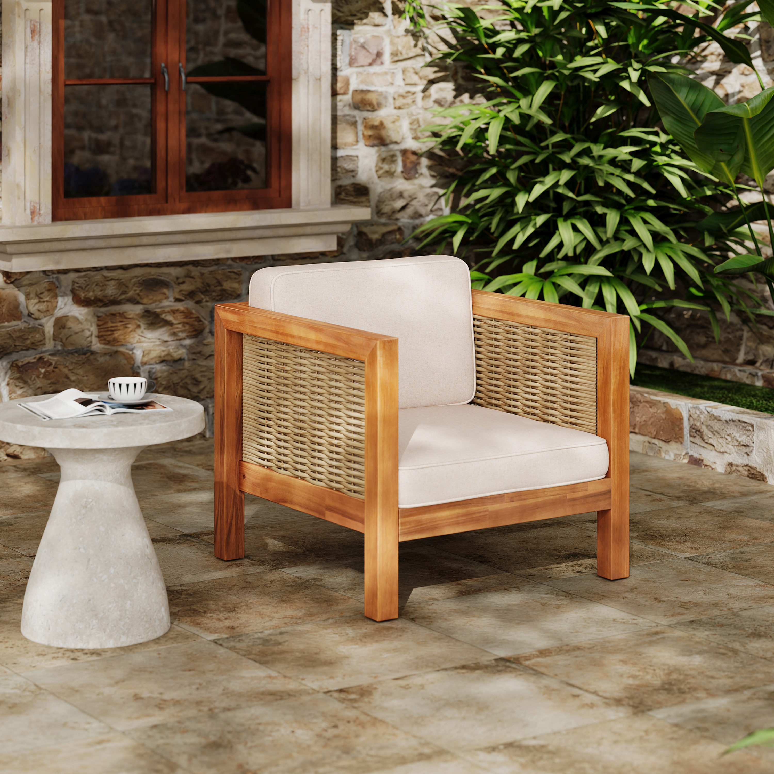 Fauteuil club acacia osier bras coussins beige 400 lbs