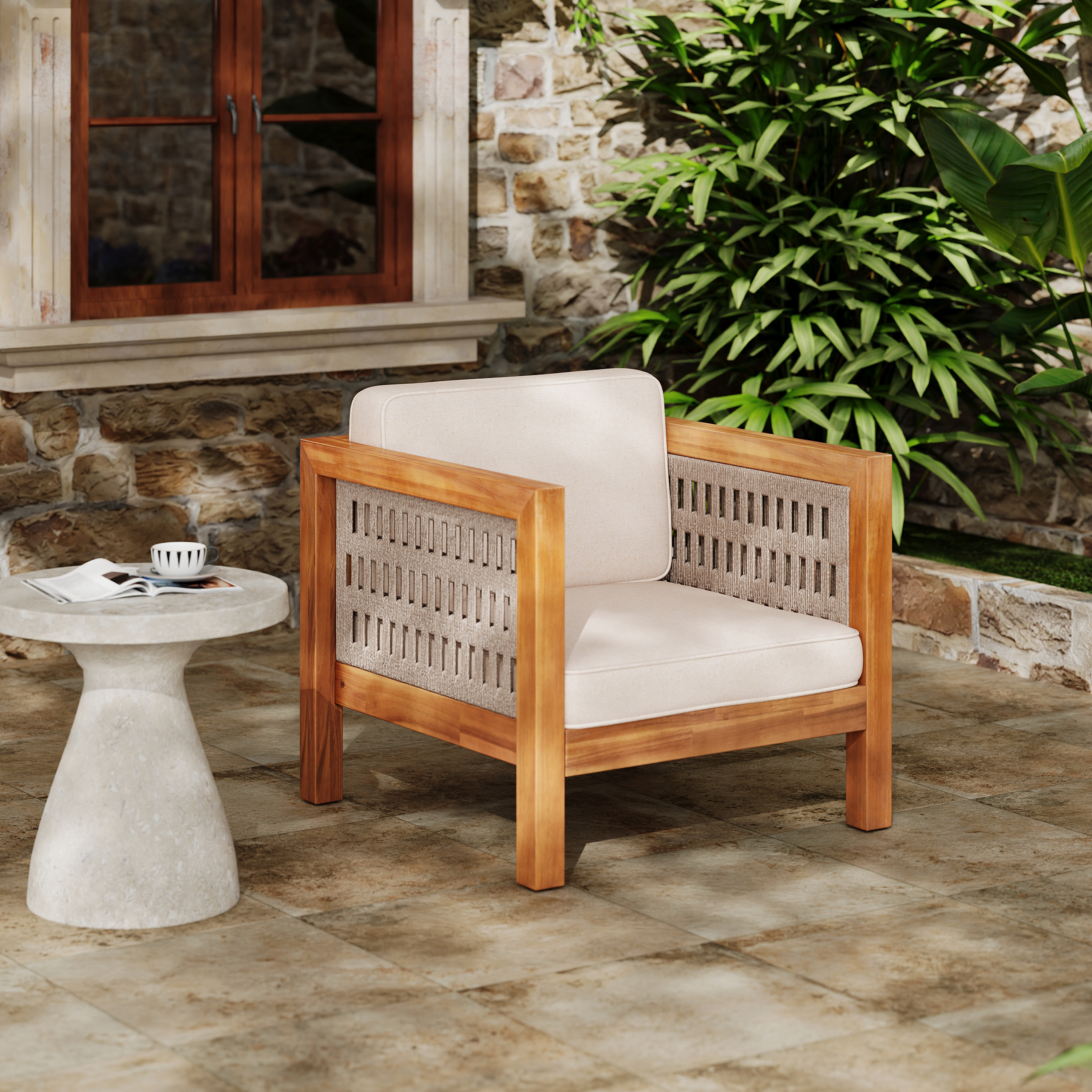 Fauteuil extérieur acacia, bras corde beige, 400 lb