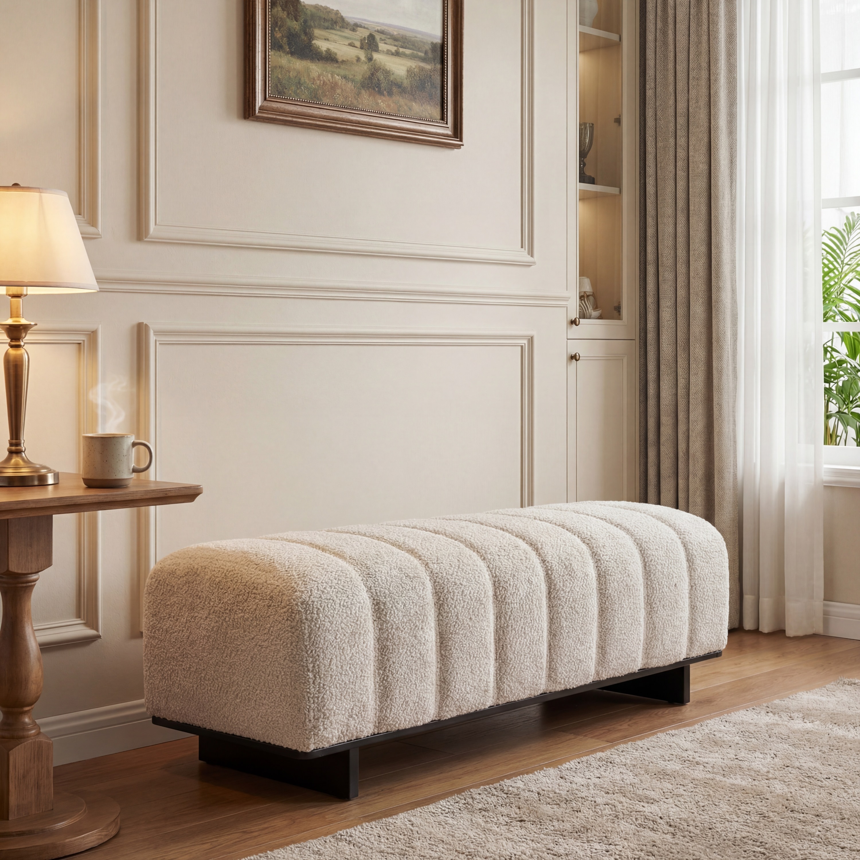 Banc salle manger fausse fourrure beige, pieds bois