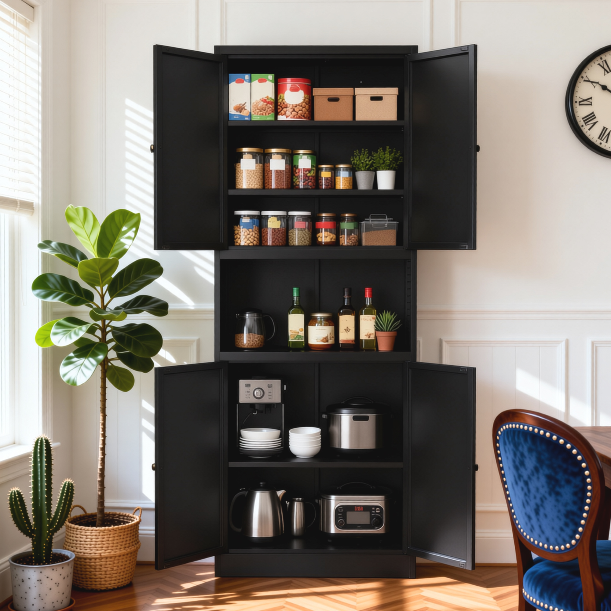 Armoire pantry cuisine 72po noir, tablettes ajustables