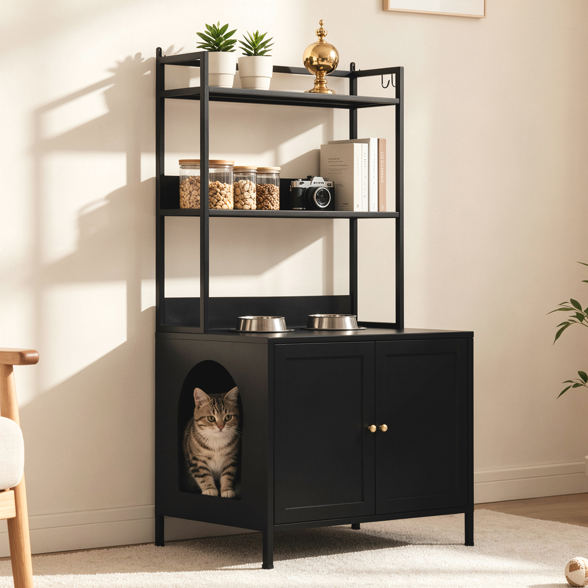 Meuble litière chat 57 po, 3 tablettes rangement, portes noir