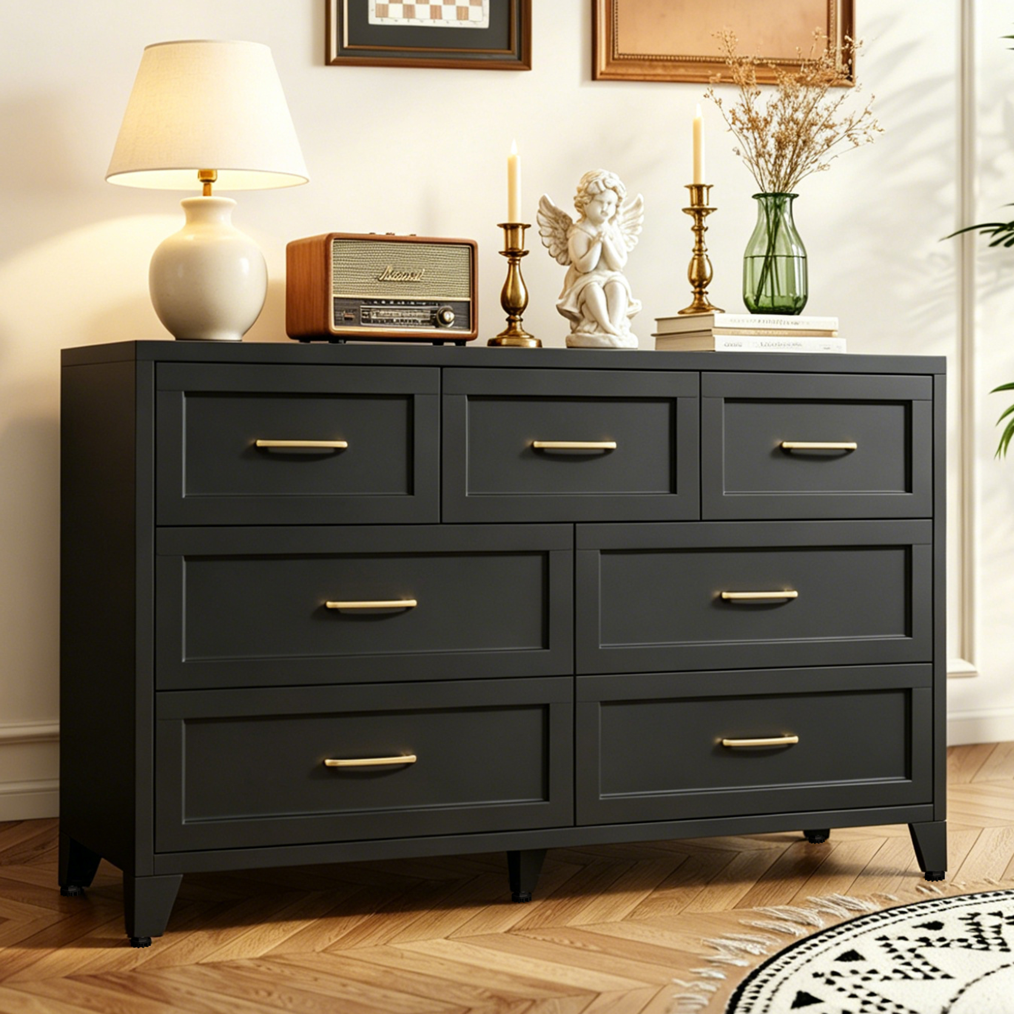 Commode 7 tiroirs bois noir chambre entreposage