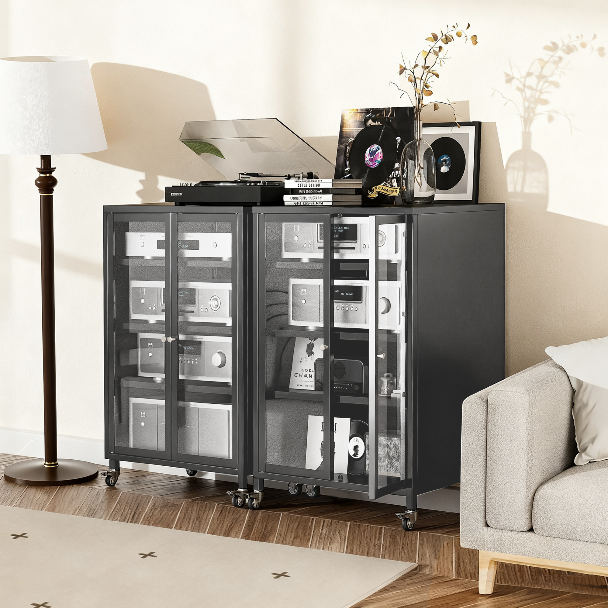 Meuble rangement média 35,8" roulettes 4 tablettes verre noir