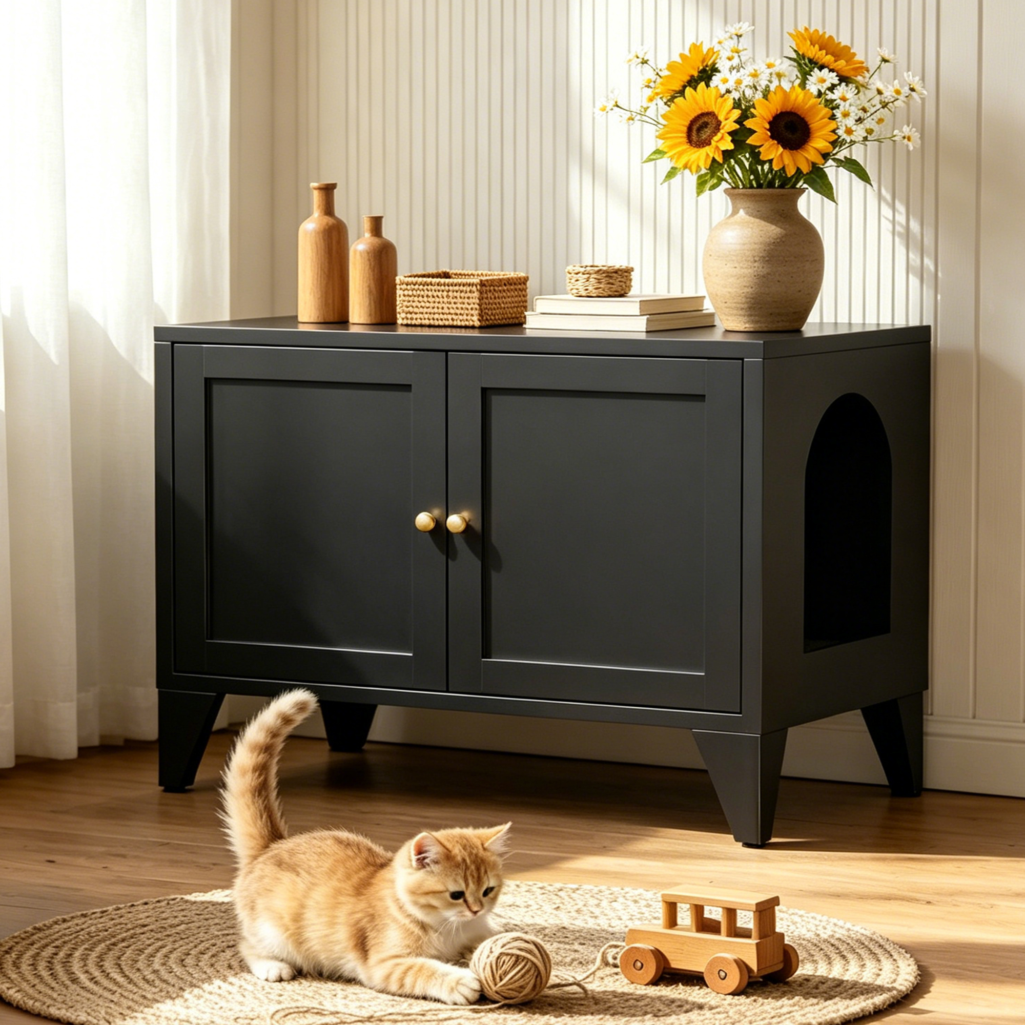 Meuble boîte litière chat metal noir, table d'appoint décorative