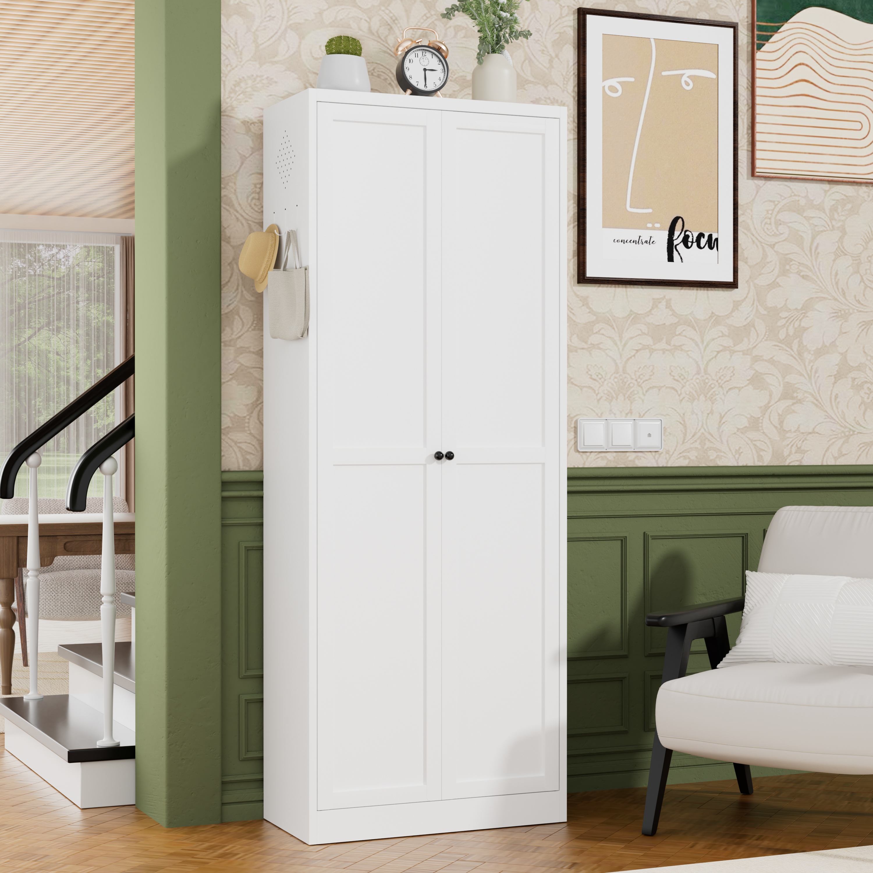 Armoire cuisine métal blanc 72po, 5 tablettes, assemblage facile