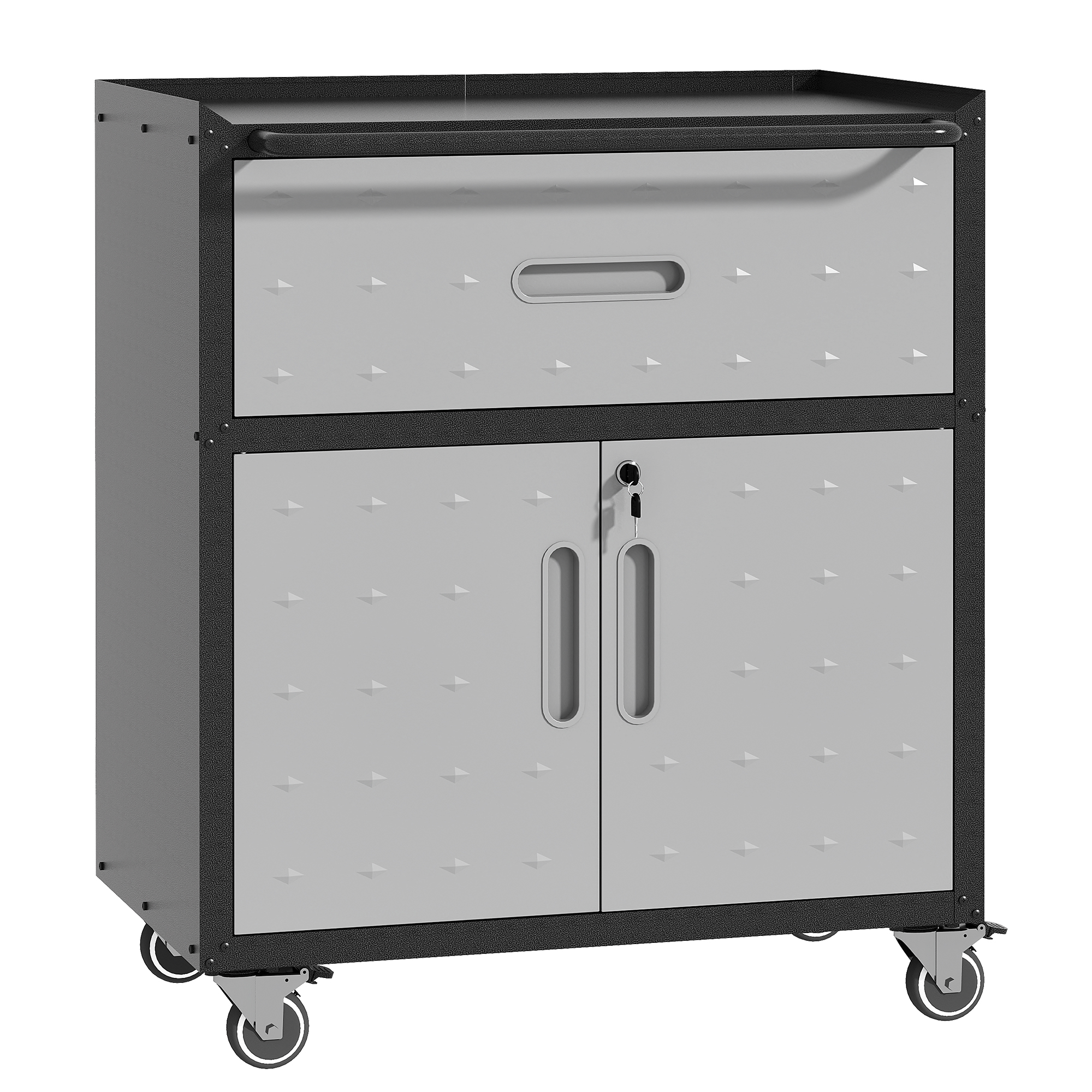 Armoire rangement métal garage roulettes, 1 tiroir, 2 portes verrous