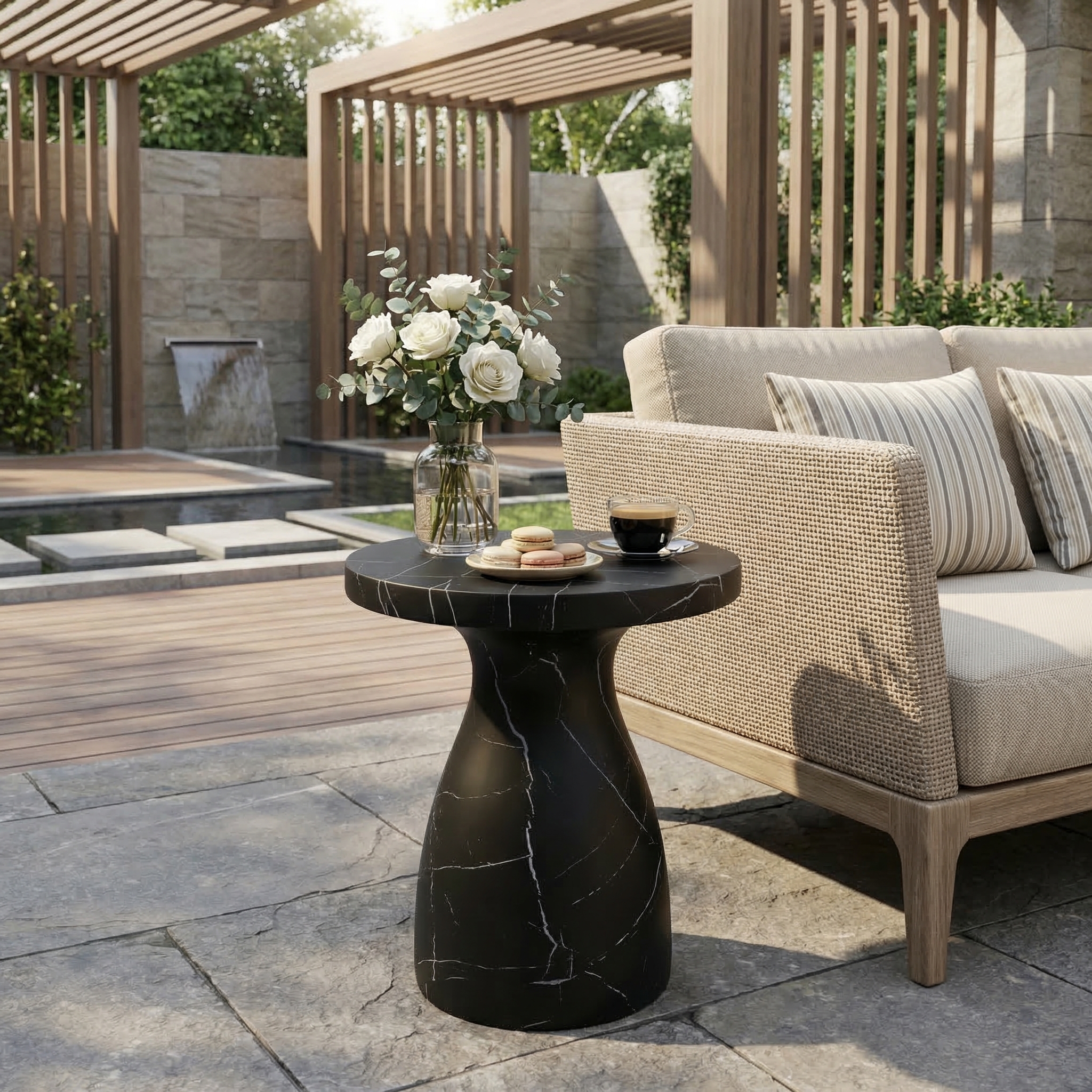 Table d'appoint travertin extérieur, béton léger, effet marbre noir