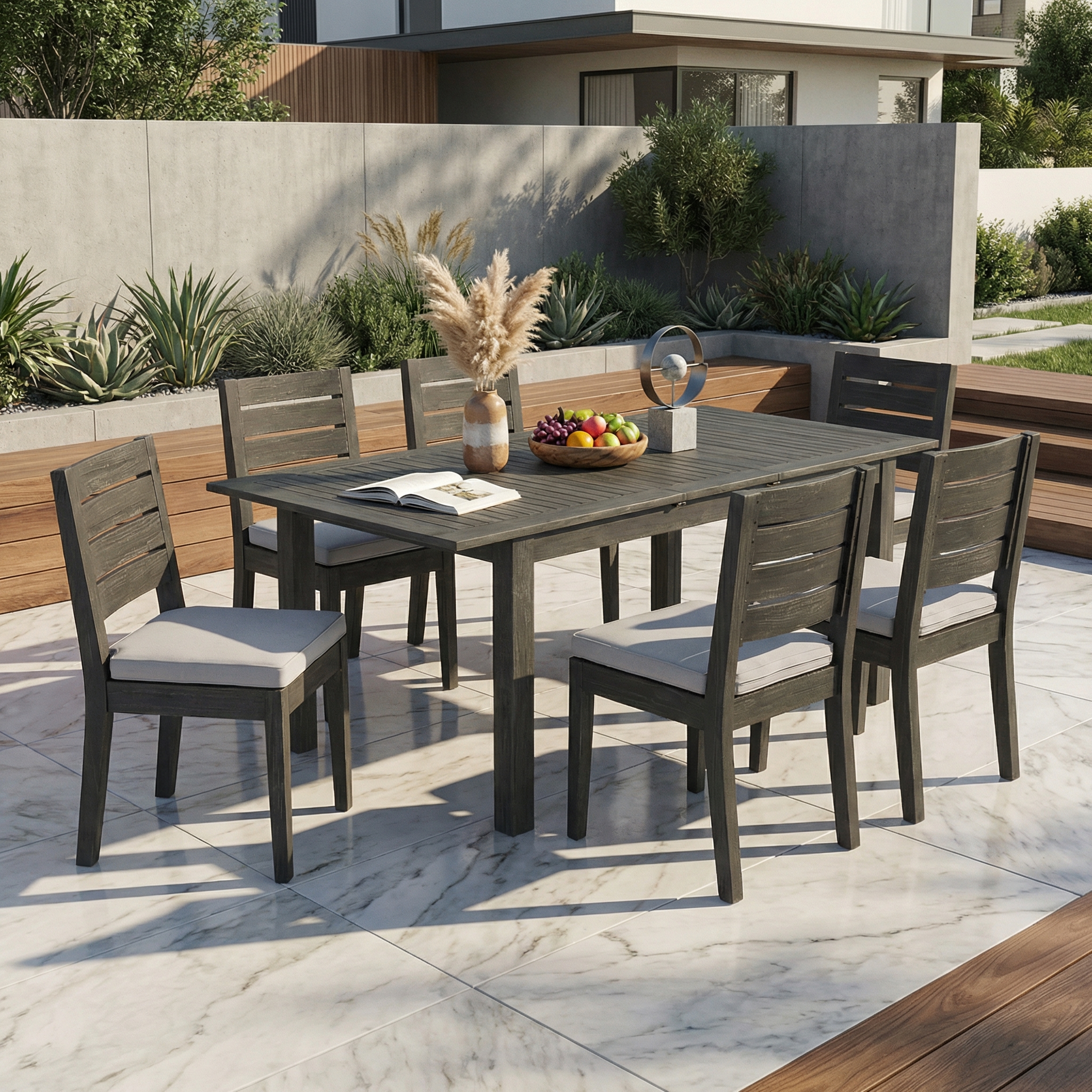 Ensemble patio 7 pièces, table extensible acacia, 6 chaises