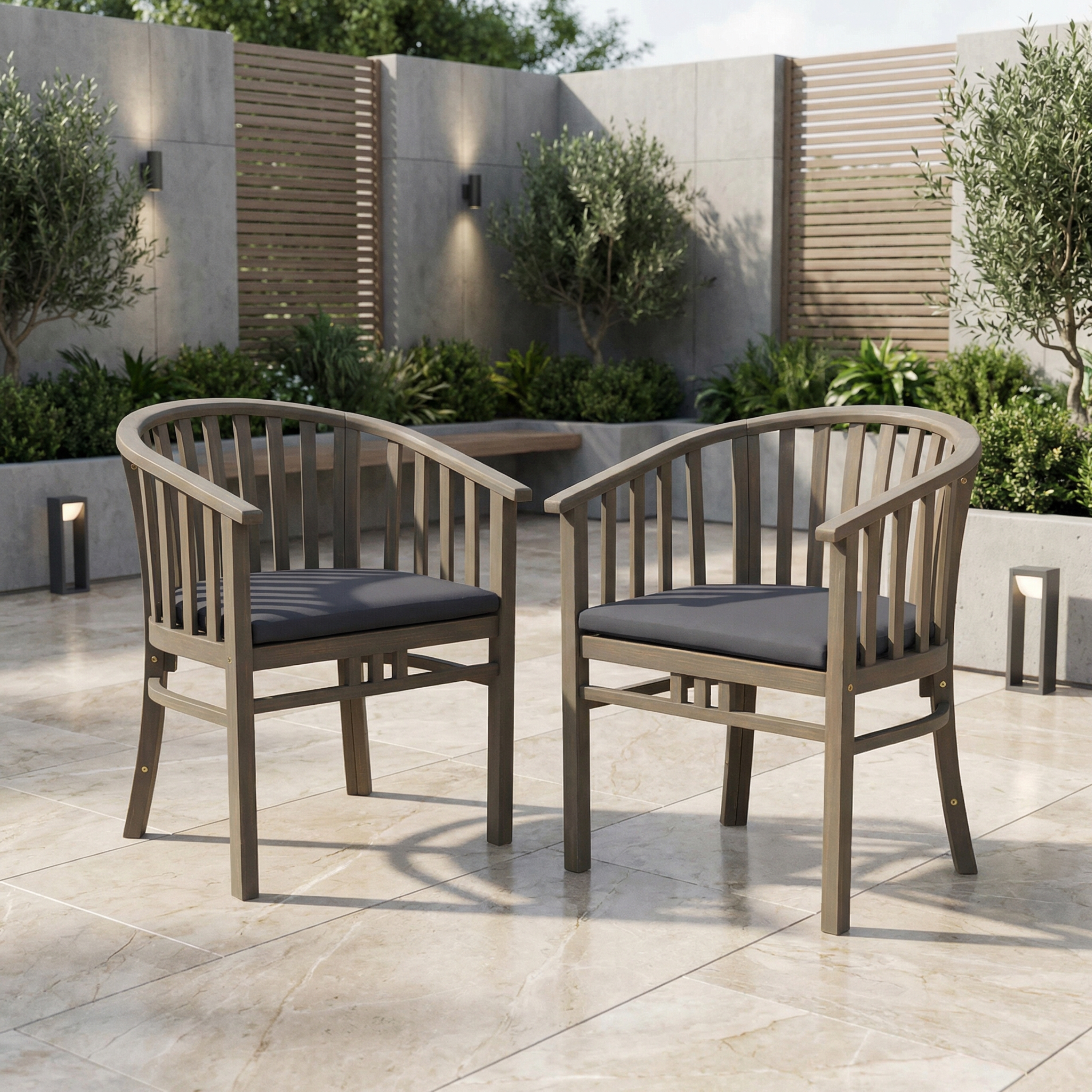 2 chaises patio bois coussin gris foncé