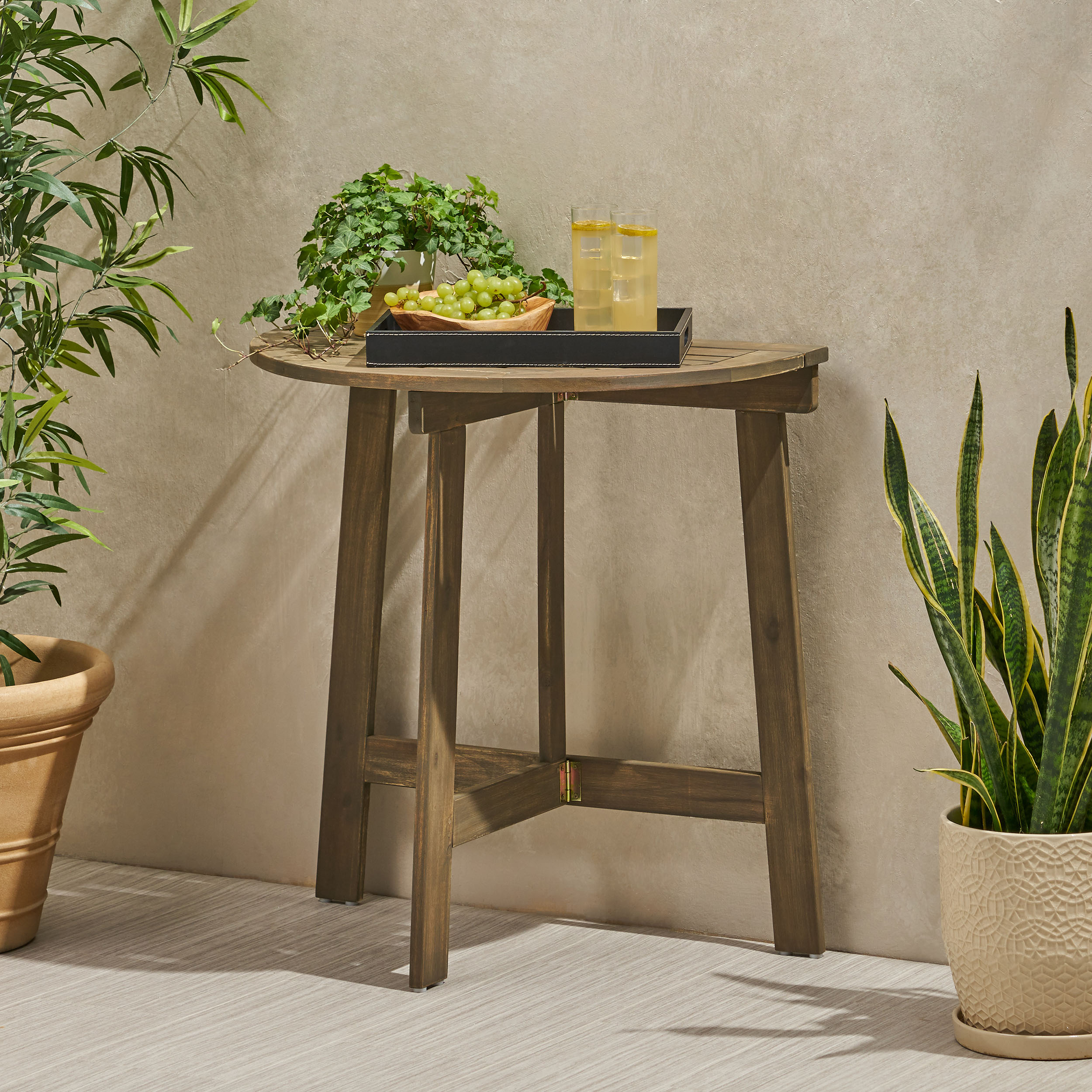 Table Bistro Acacia Bois Pliante Demi-Rond Gris