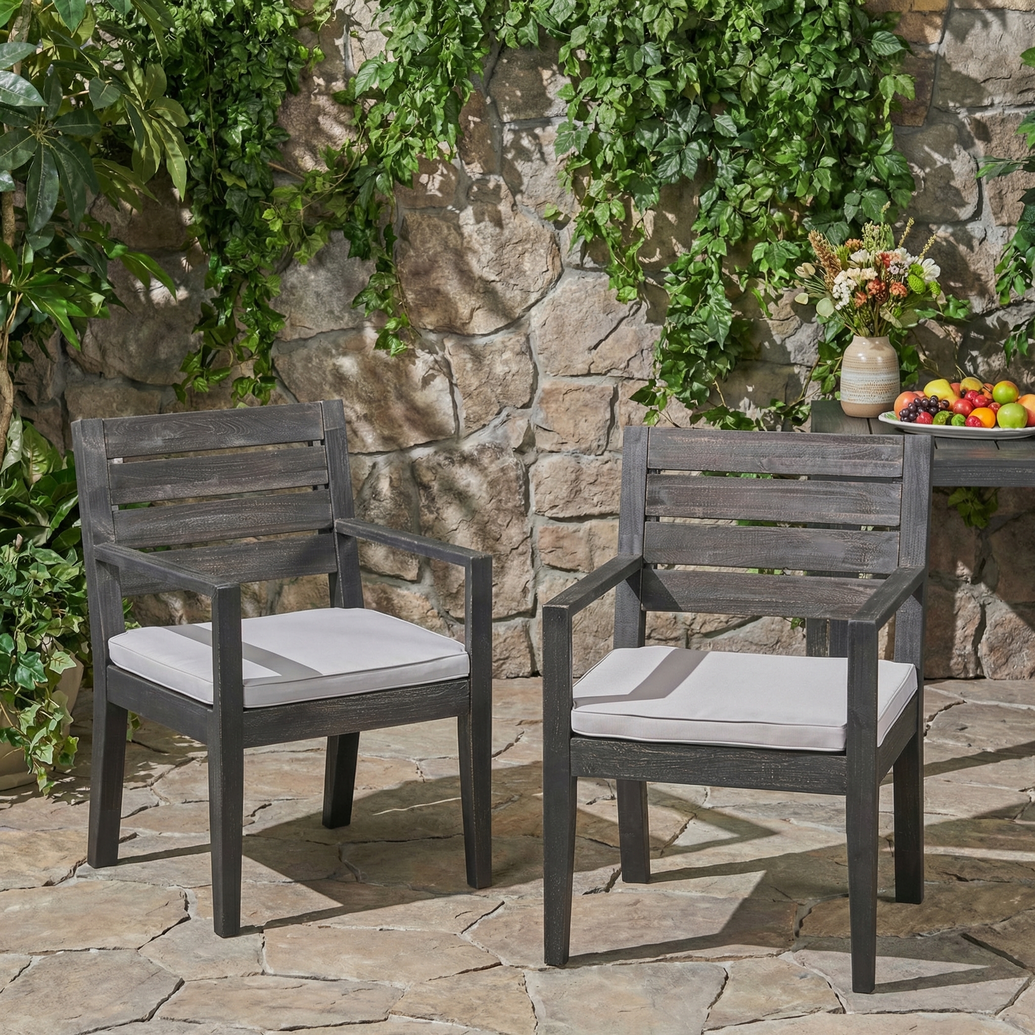 Ens. 2 chaises terrasse gris foncé, coussin gris clair