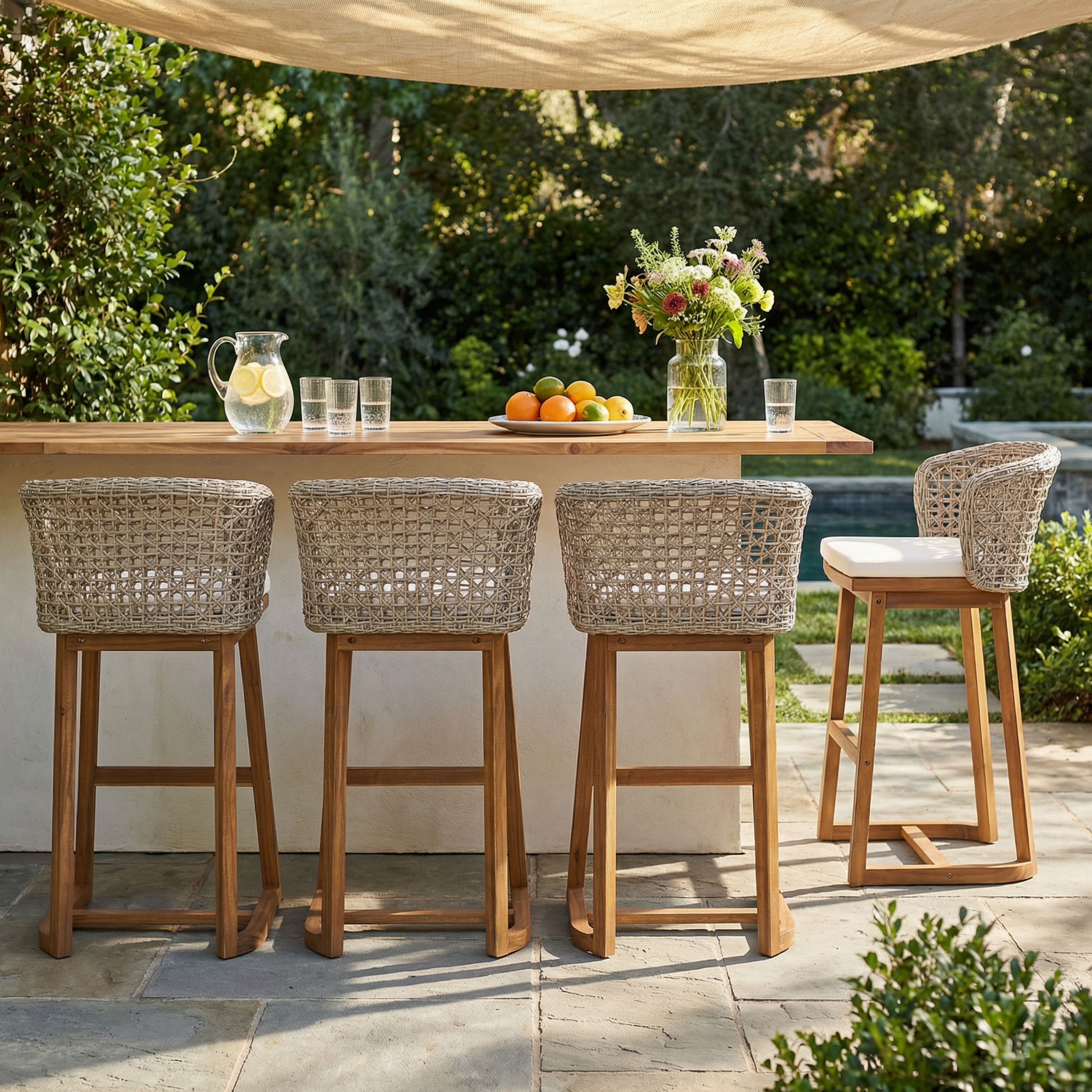 4 tabourets de bar Acacia bois teak 86cm - Coussin beige, dossier osier