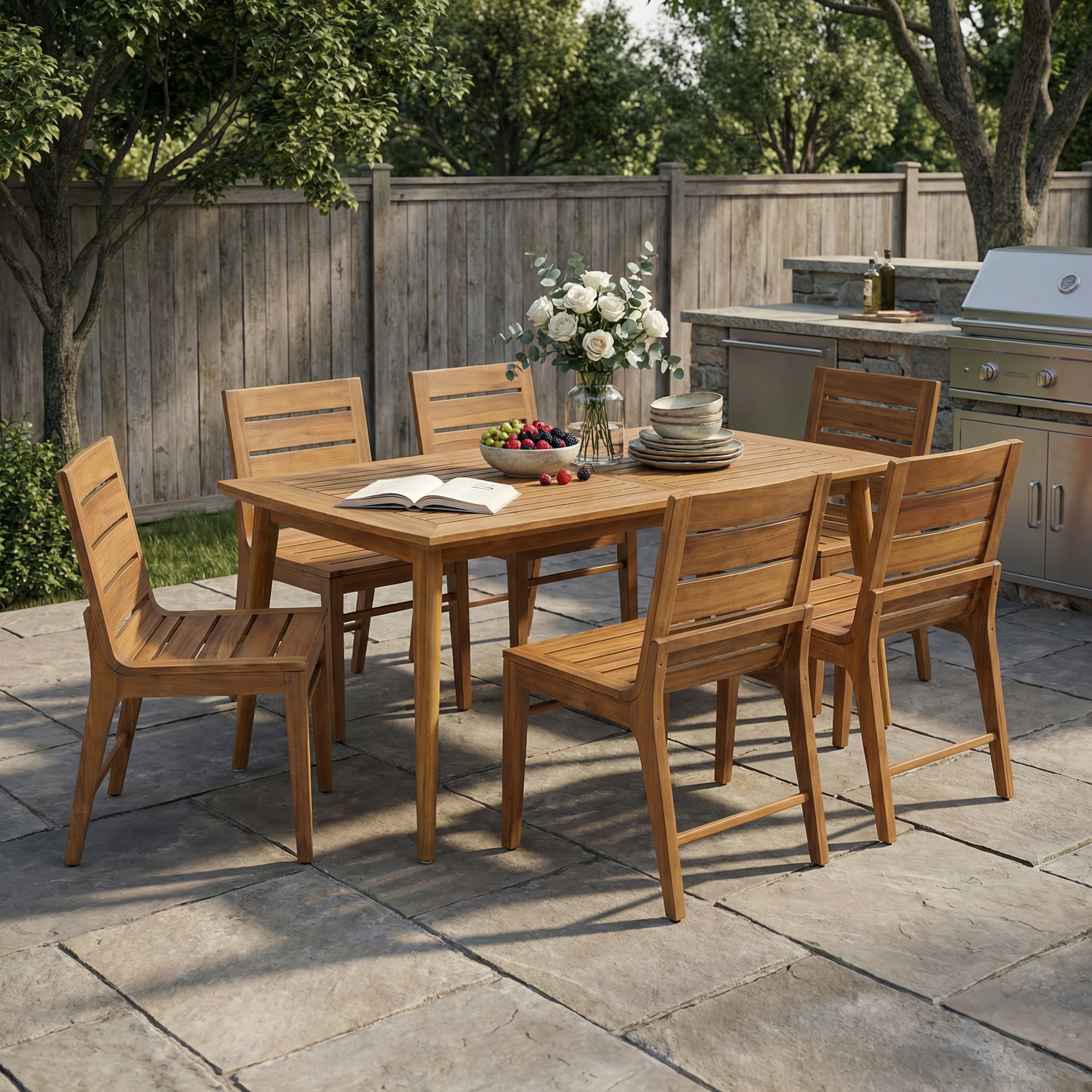 Ensemble terrasse acacia 7 pièces, table 71po teck, 6 chaises, jardin-cour