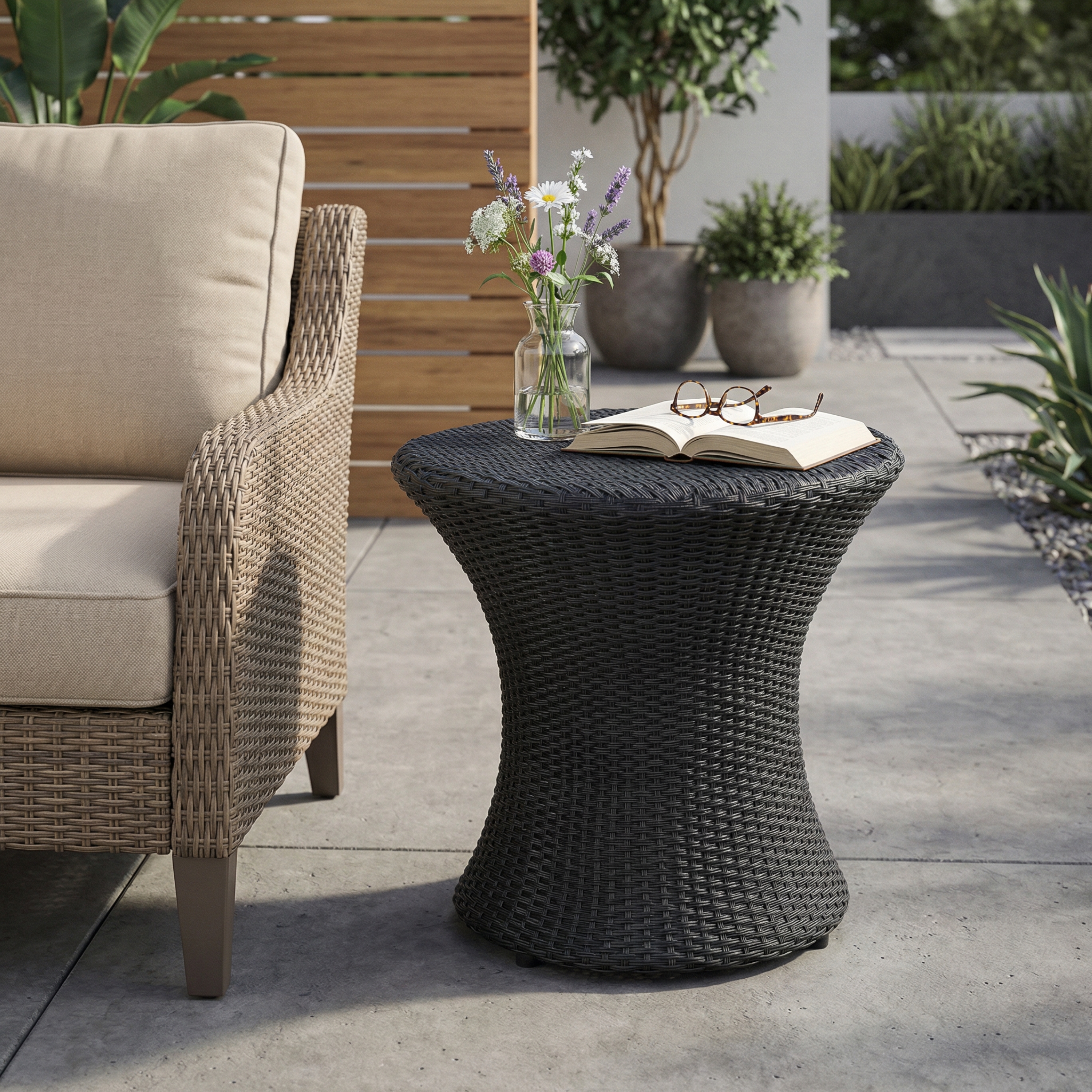 KONO Table osier sablier, noir, sans verre