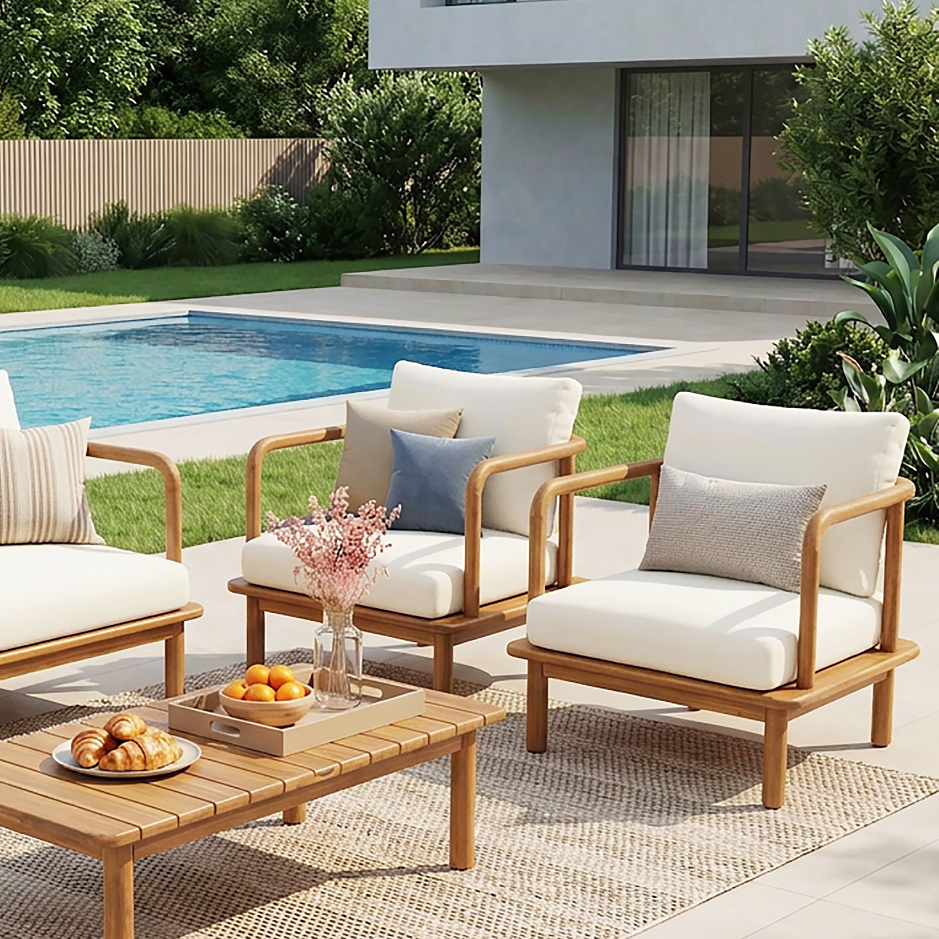 Ensemble 2 fauteuils Acacia crème, coussins inclus