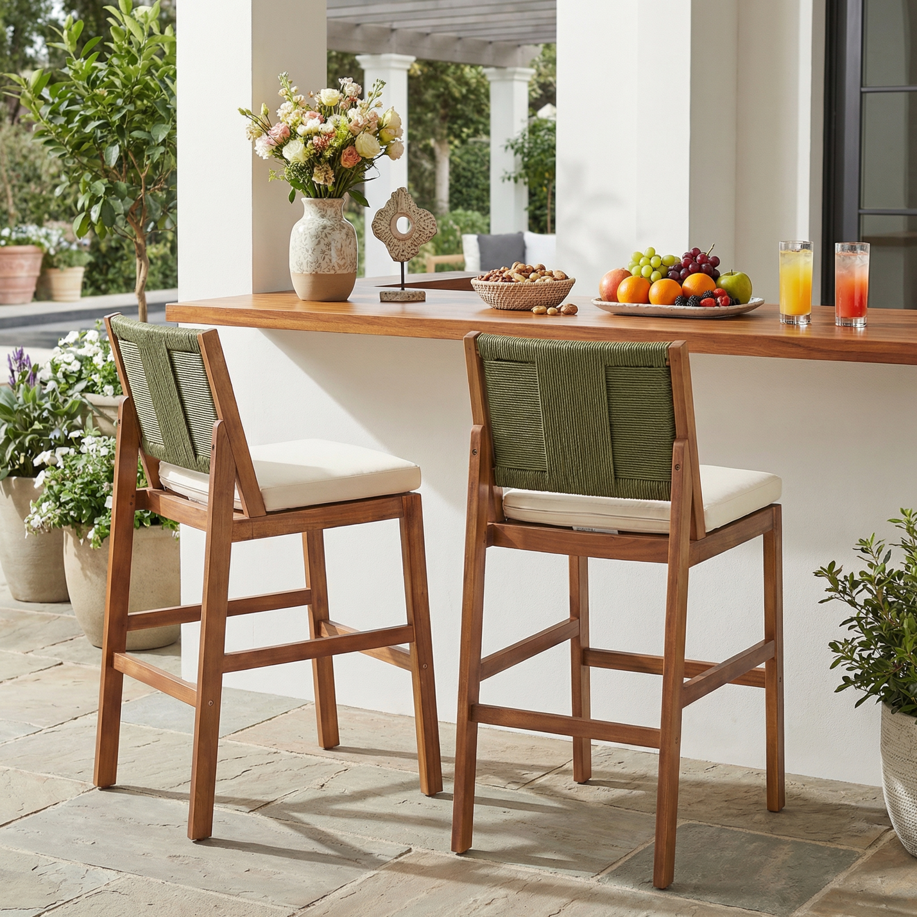 Tabourets de bar Acacia 2 pièces, teak, coussin crème