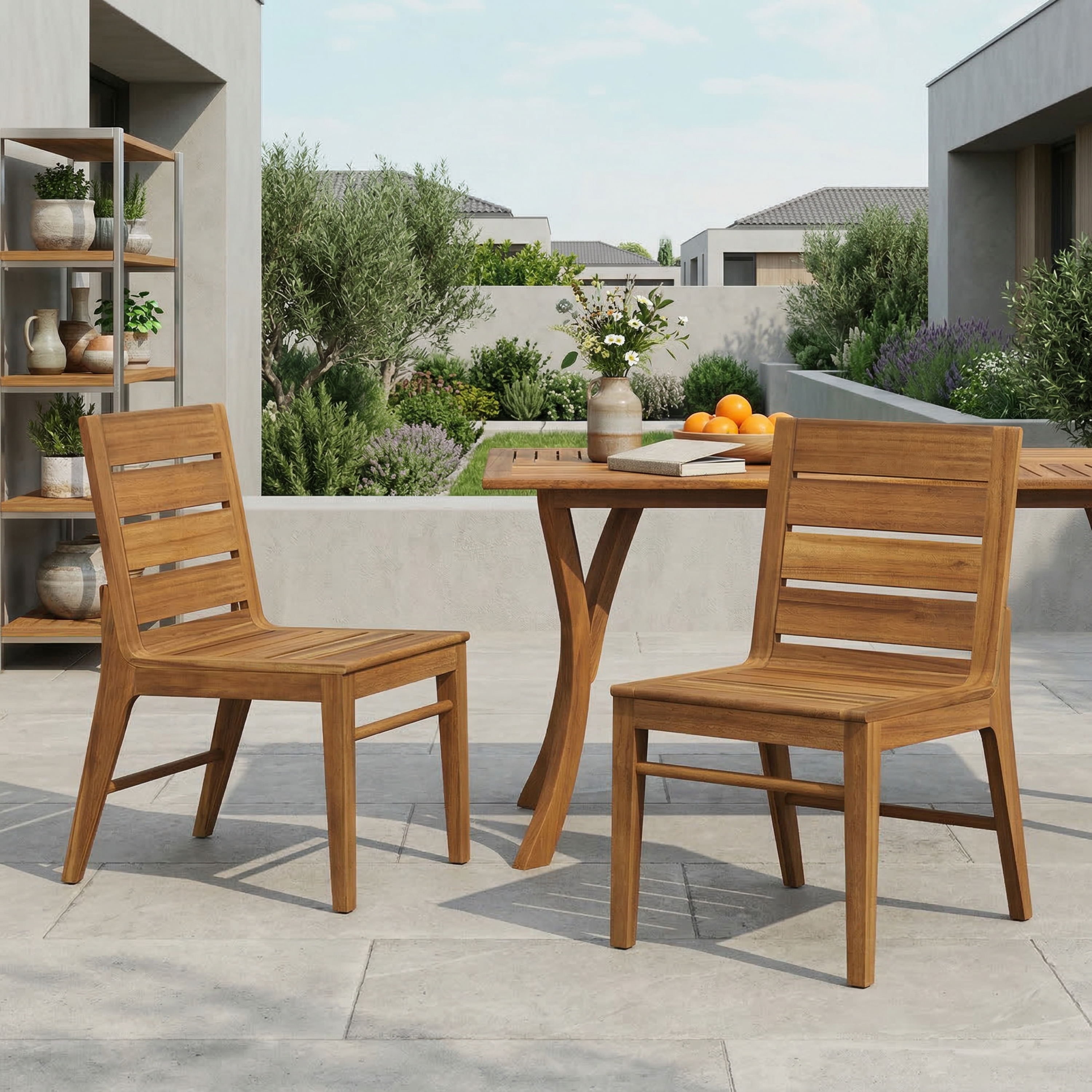 Chaise patio bois acacia ensemble 2 teinte teck dossier courbe